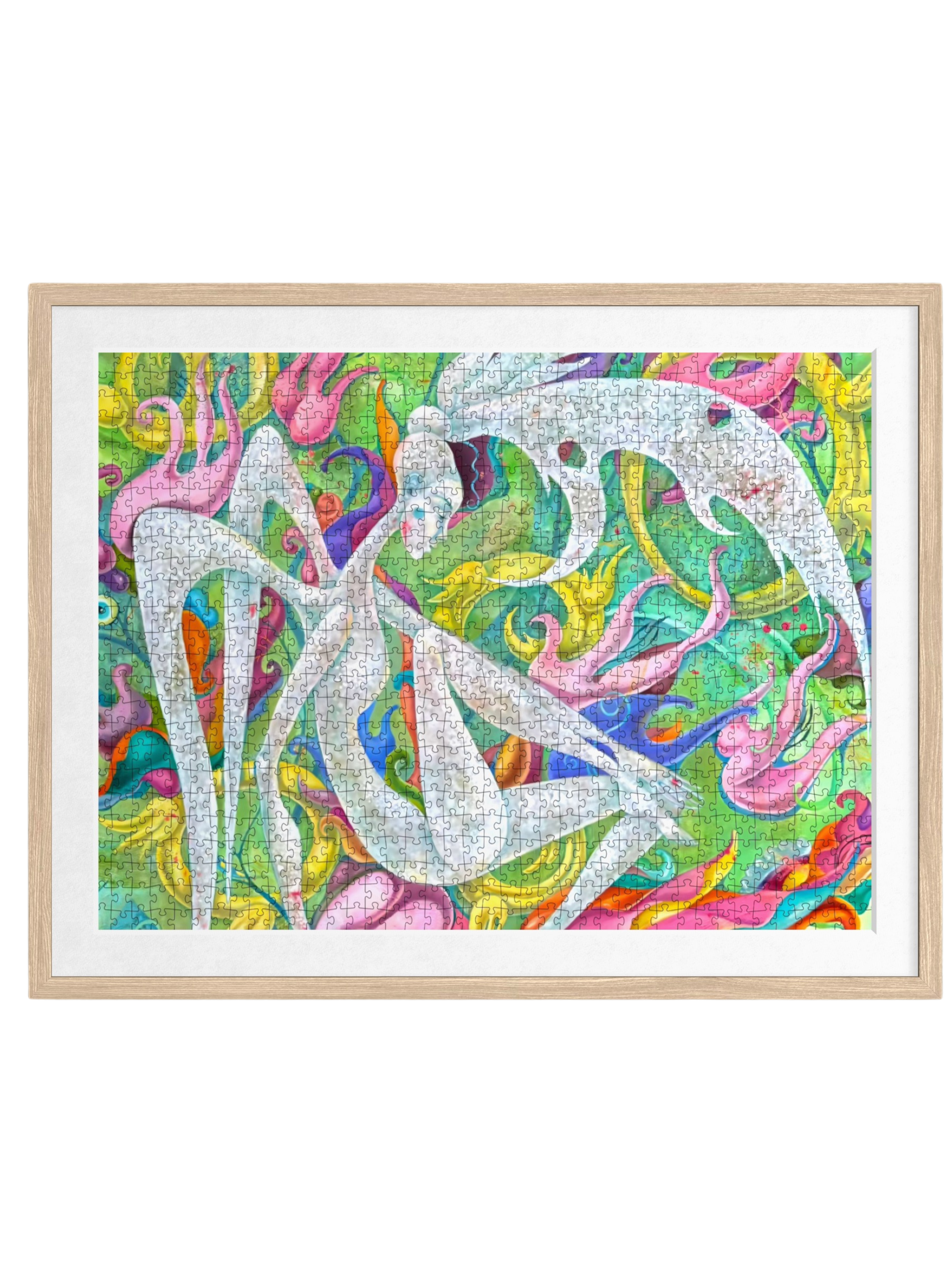 Colorful modern art puzzle with abstract white figure on vibrant swirling background, framed