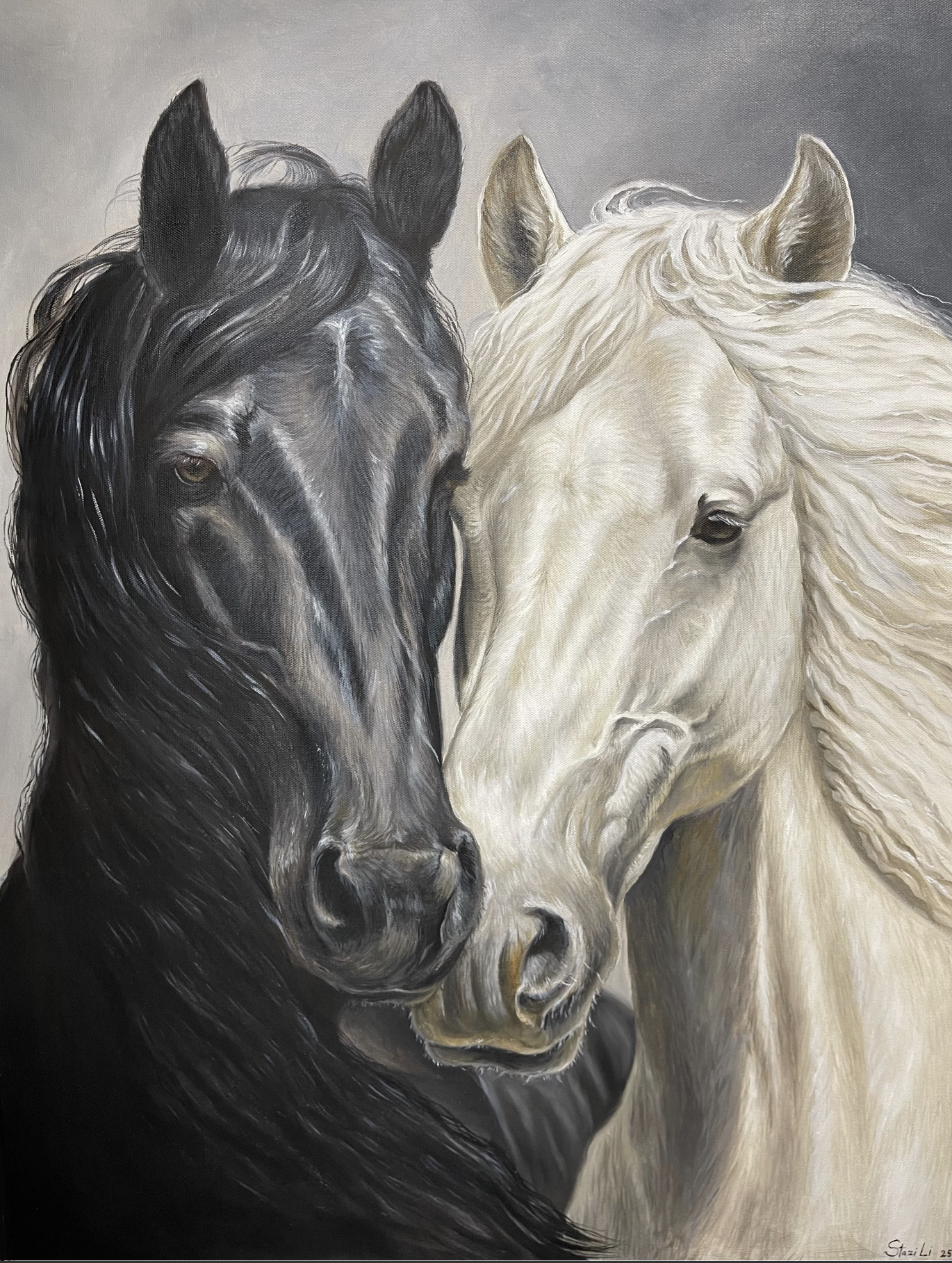 Realistic painting of a black horse and a white horse close together against a grey background