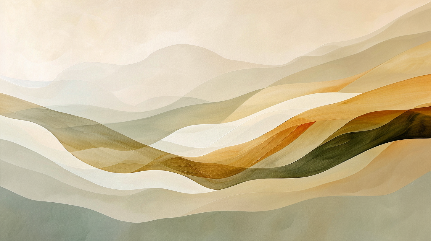 Abstract fine art painting with flowing layers in earthy beige, green, and gold tones
