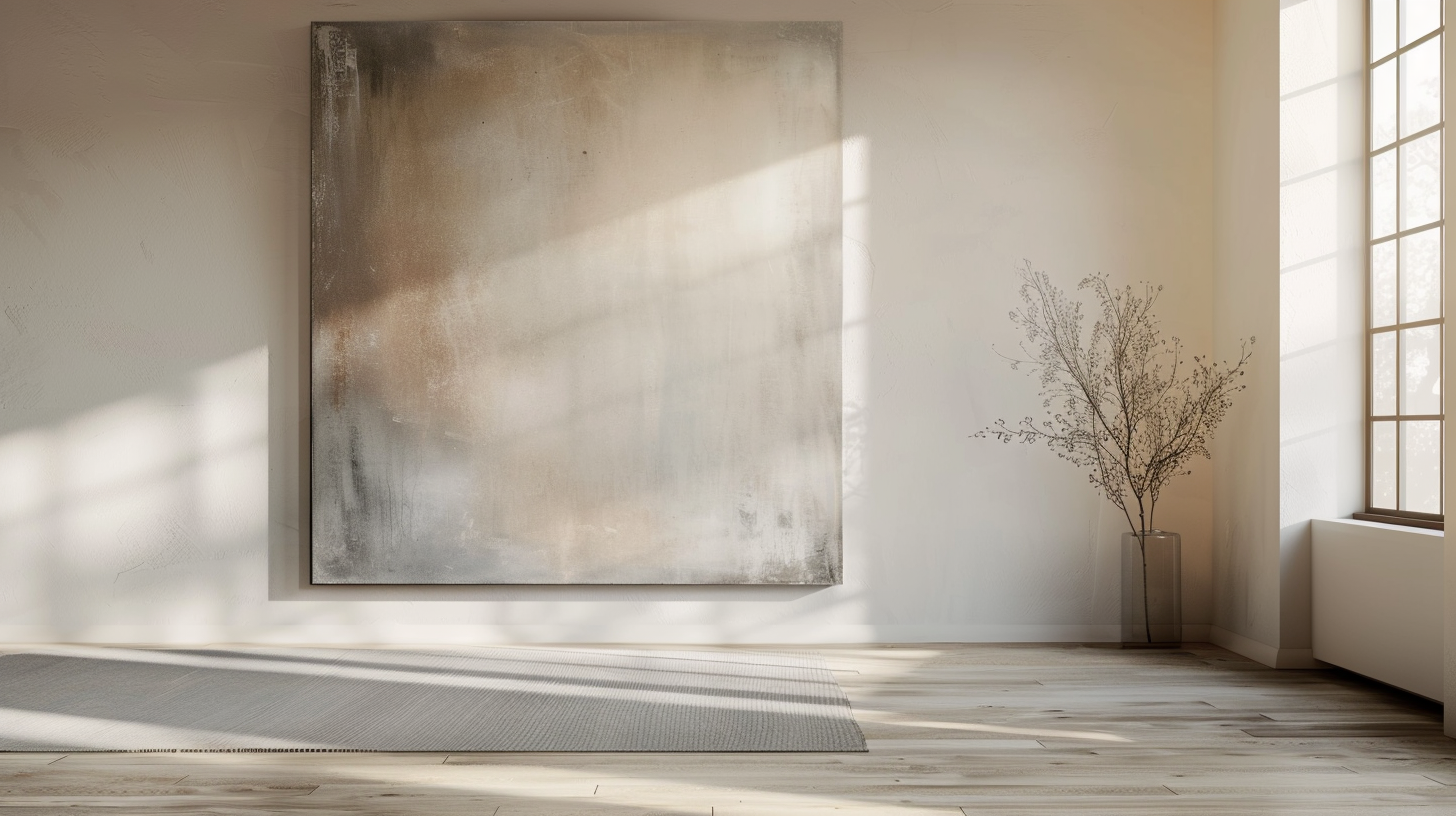 Minimalist living room with large neutral abstract wall art, glass vase, and natural sunlight.