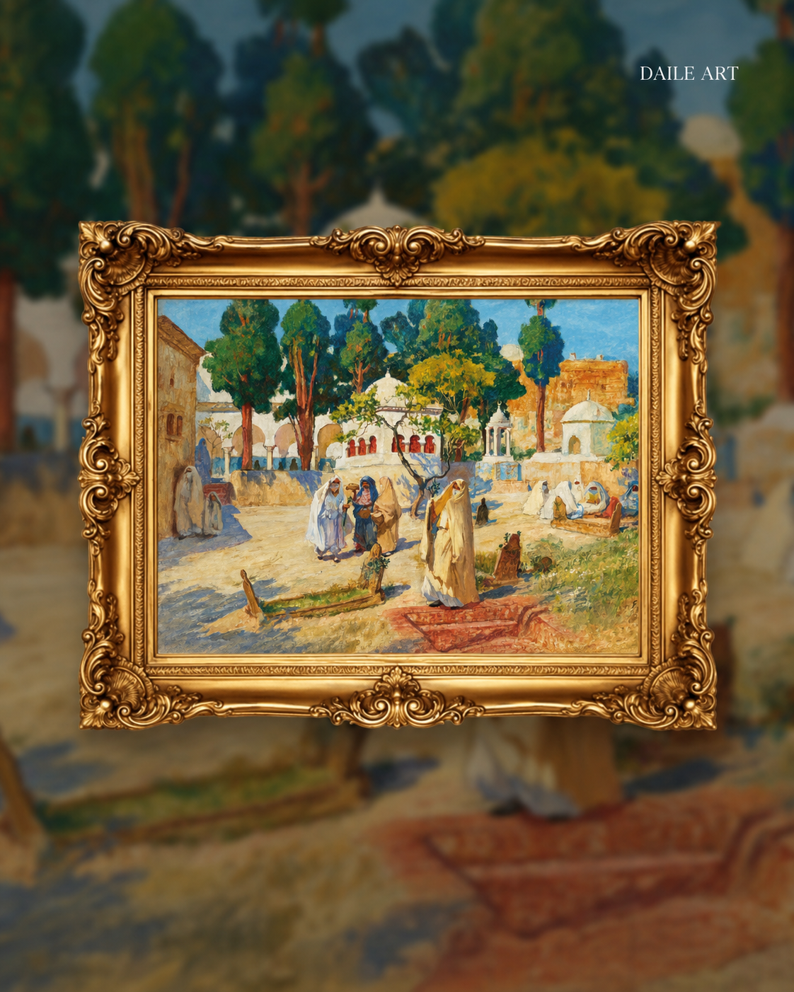 Ornate gold-framed art puzzle depicting a vibrant courtyard scene with figures and trees.