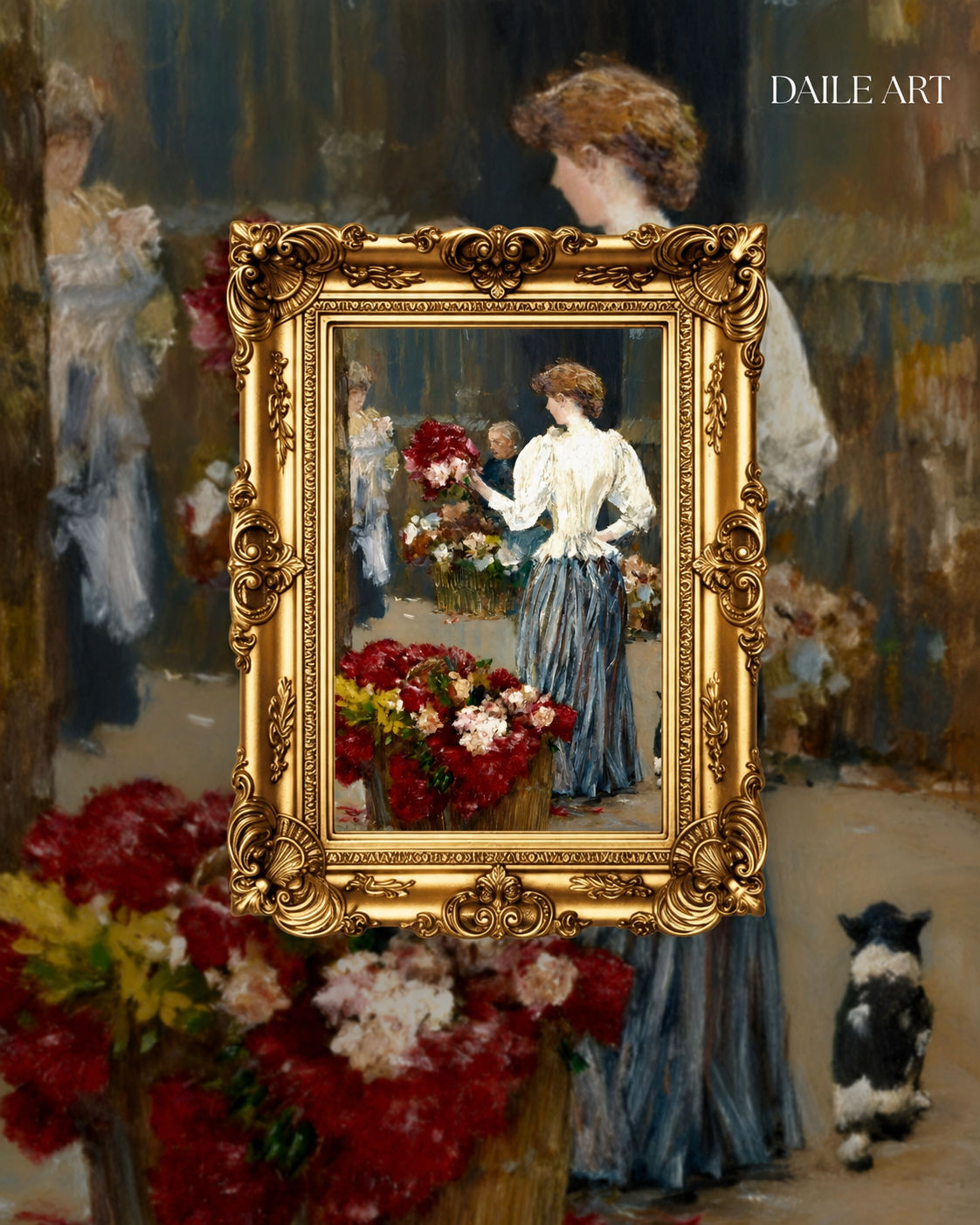 Elegant woman arranging flowers in ornate gold frame, vintage art puzzle with rich colors and floral details