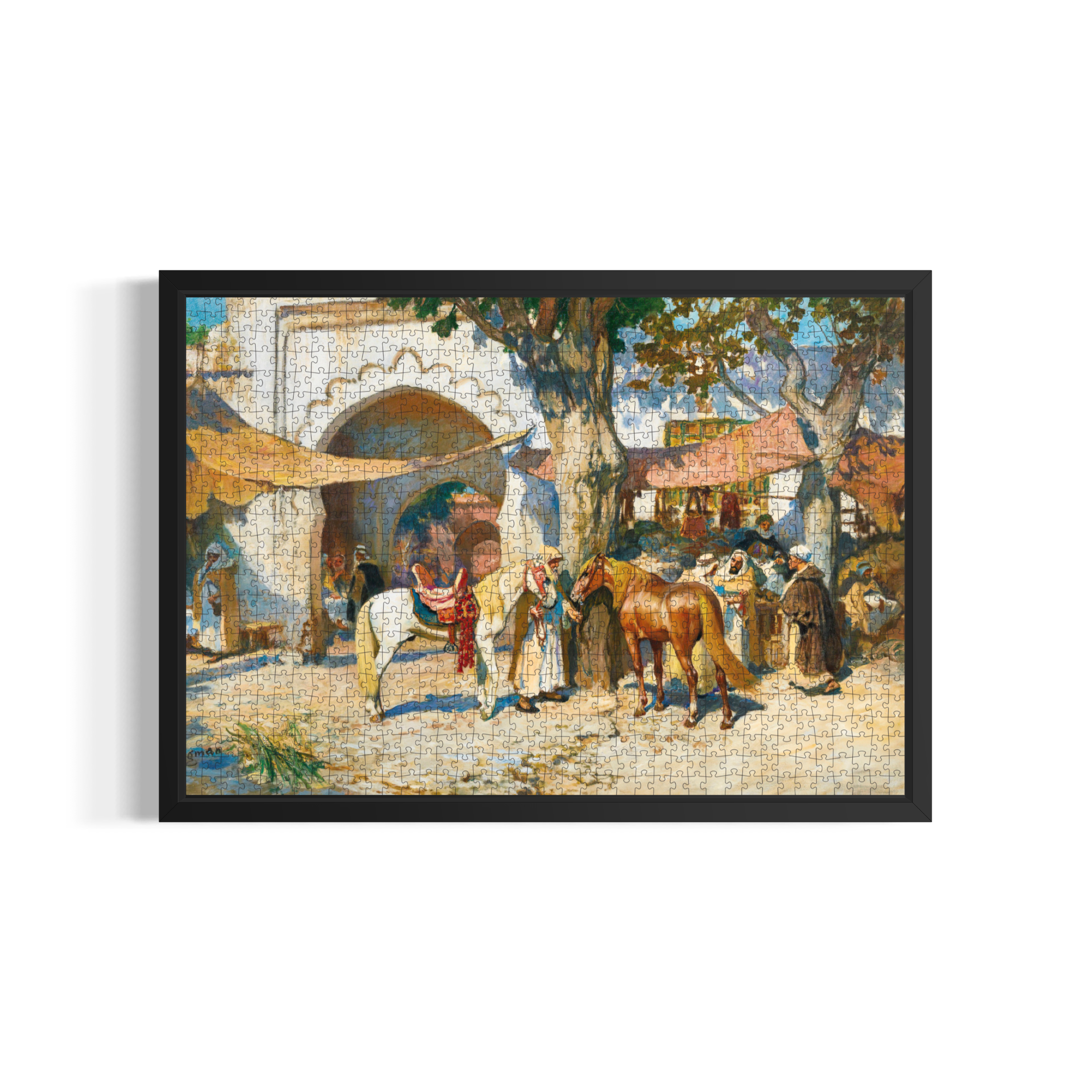 Framed art puzzle featuring a vibrant market scene with people and horses under trees