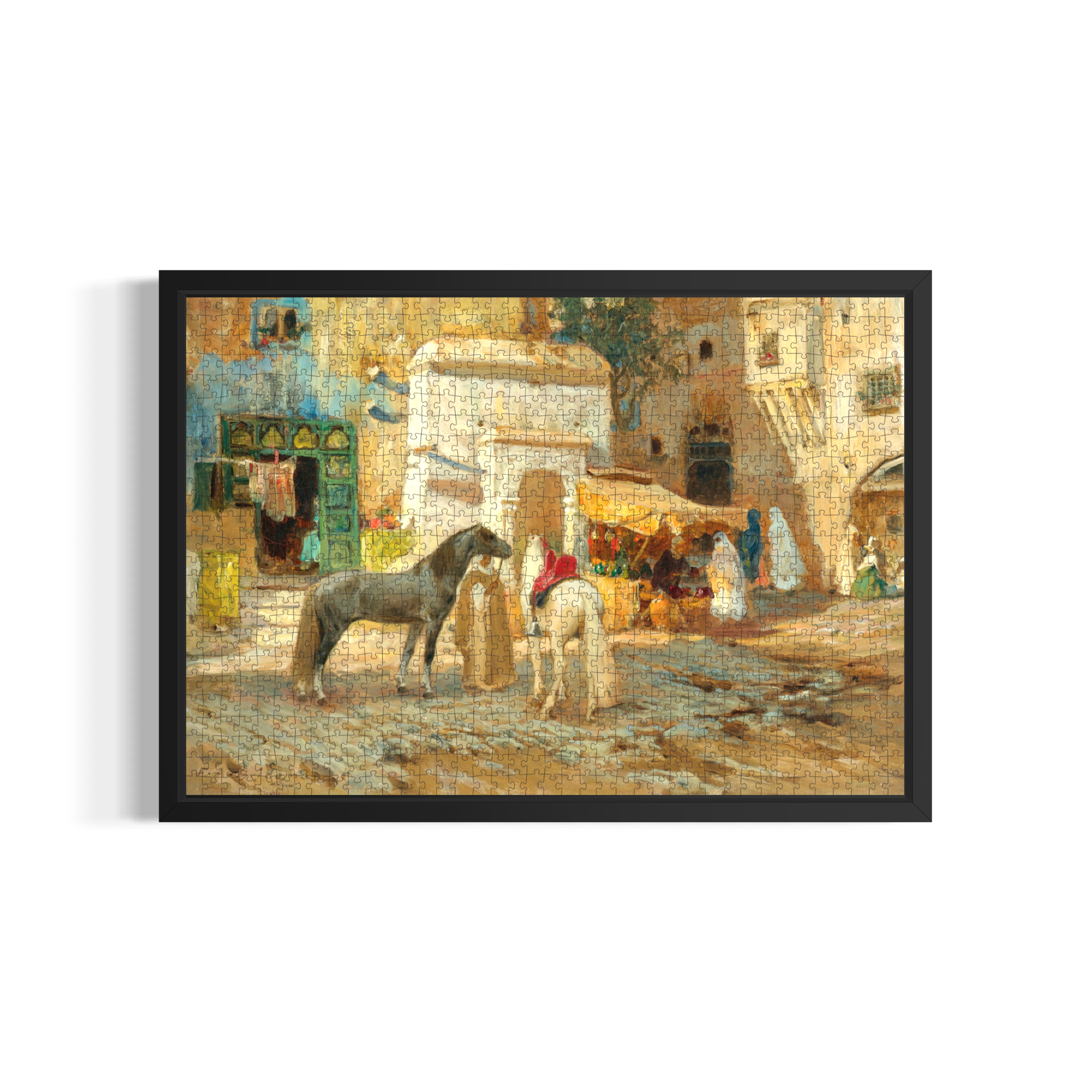 Framed art puzzle of a lively marketplace scene with horses, people, and sunlit buildings.