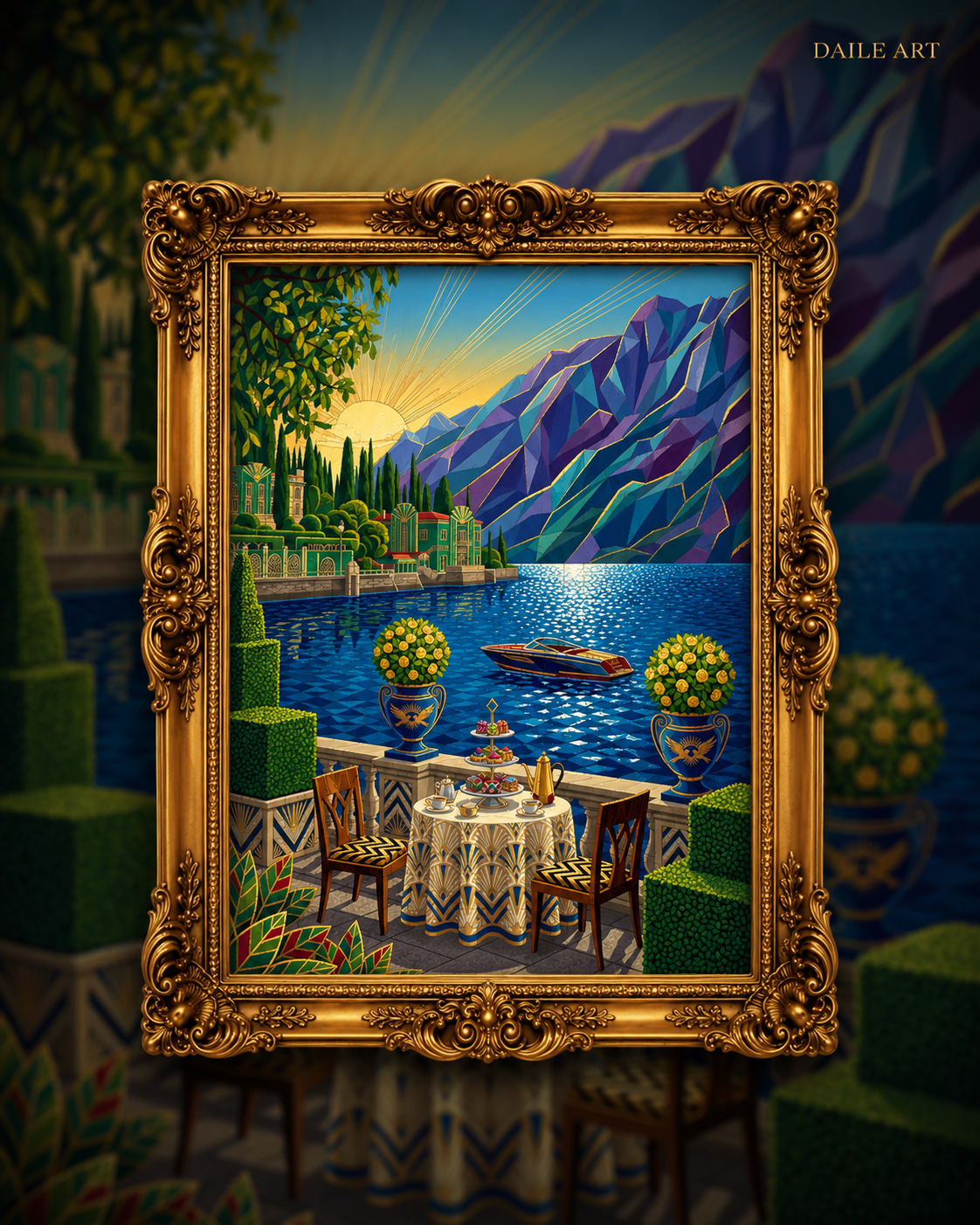 Luxury art puzzle featuring a lakeside sunset scene with mountains, ornate gold frame, and elegant table setting.