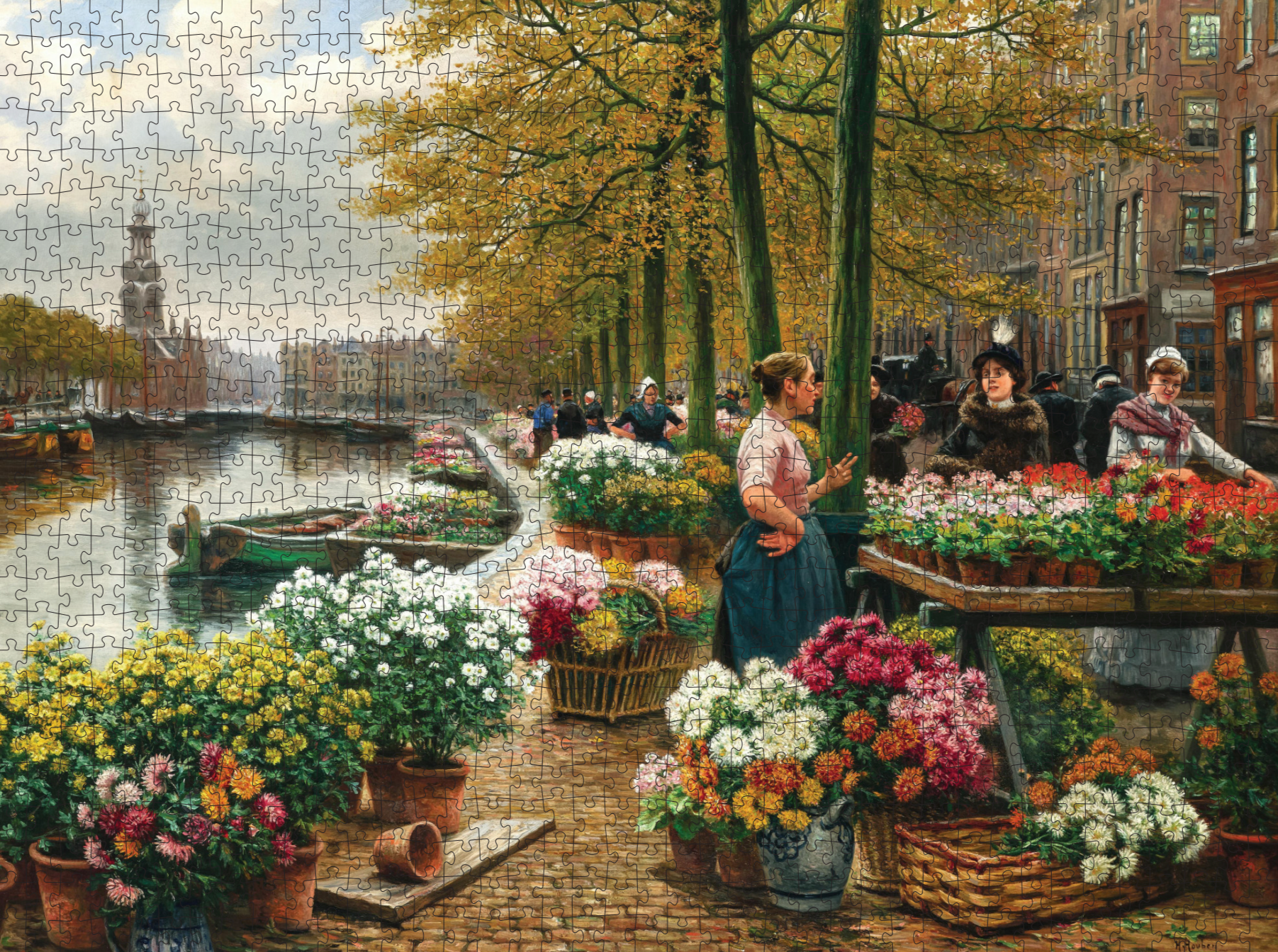 Art puzzle featuring a vibrant flower market by a canal, with people and boats in autumn.