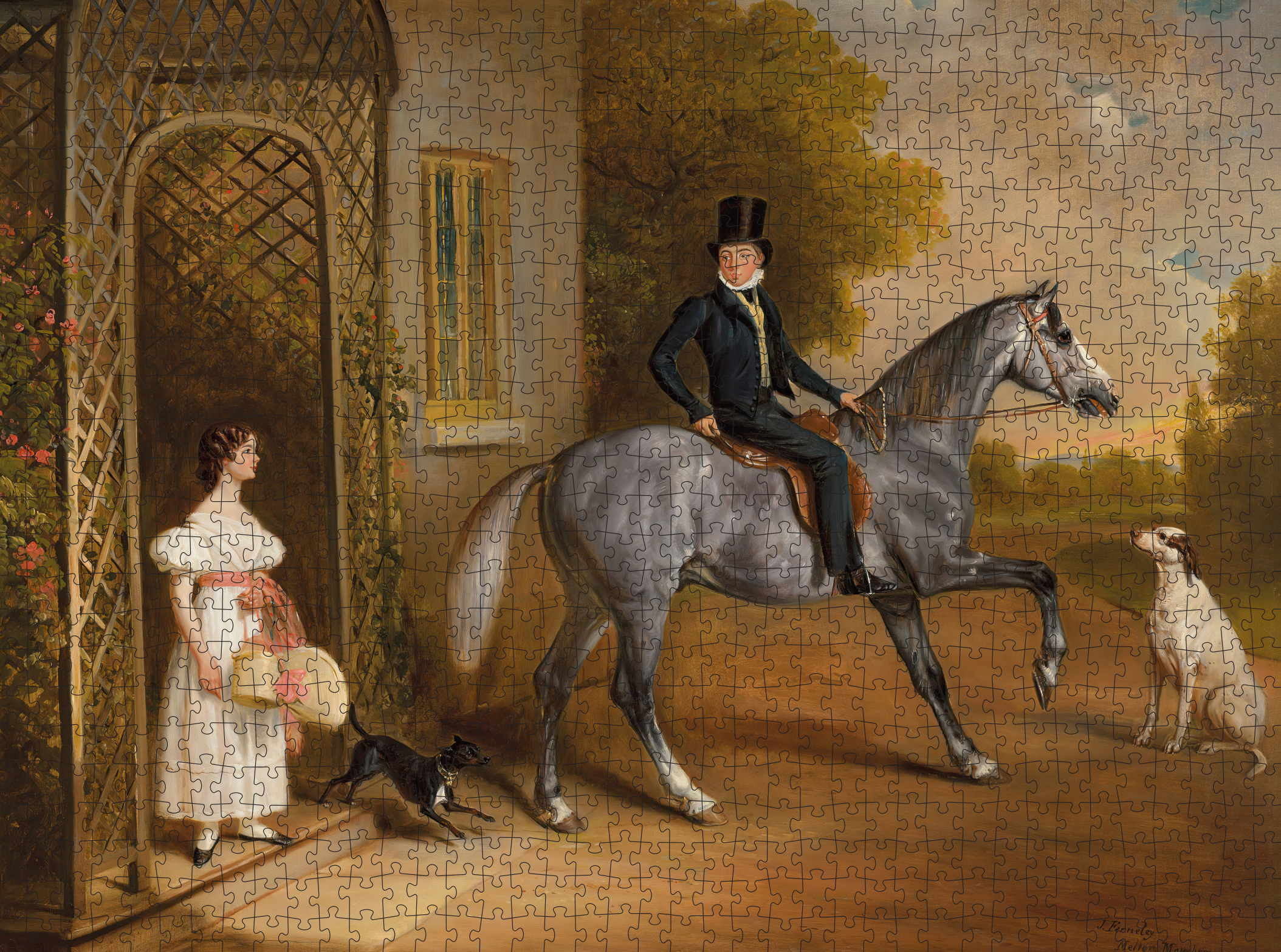 Art puzzle featuring a man on a horse, woman in garden, and dogs in a classic countryside scene