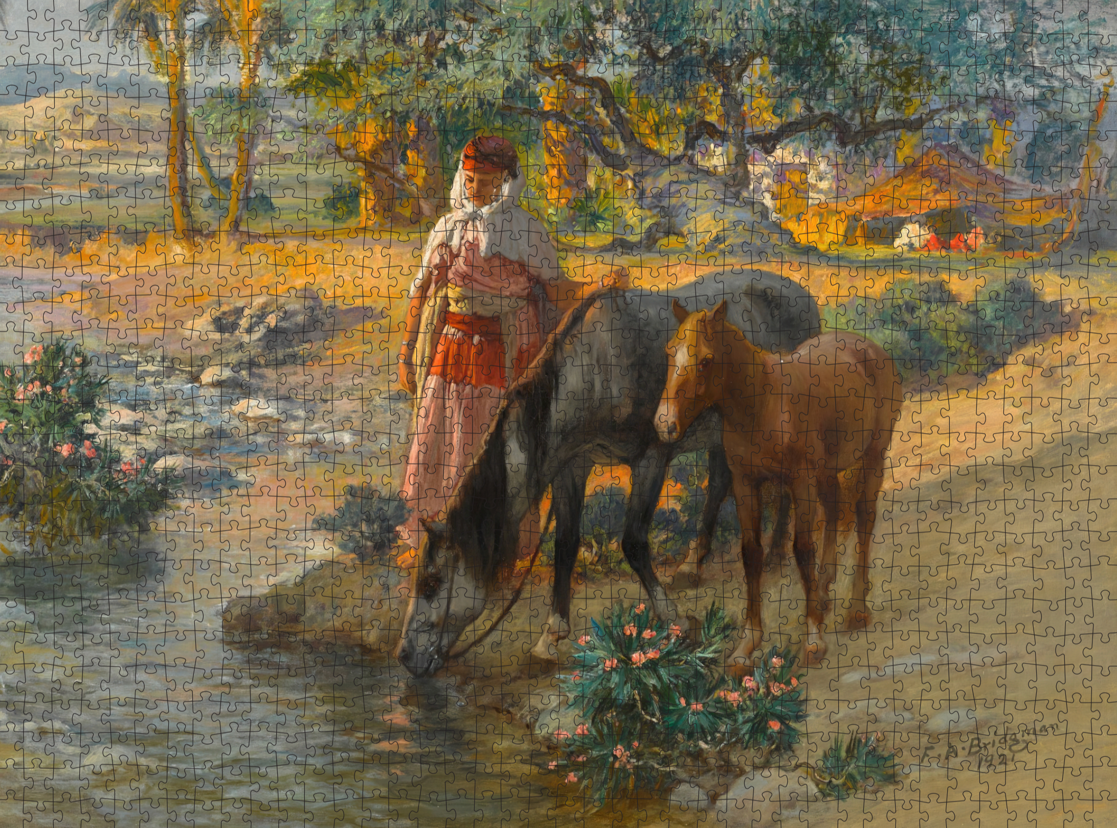 Art puzzle featuring a woman with two horses by a riverside in a scenic landscape