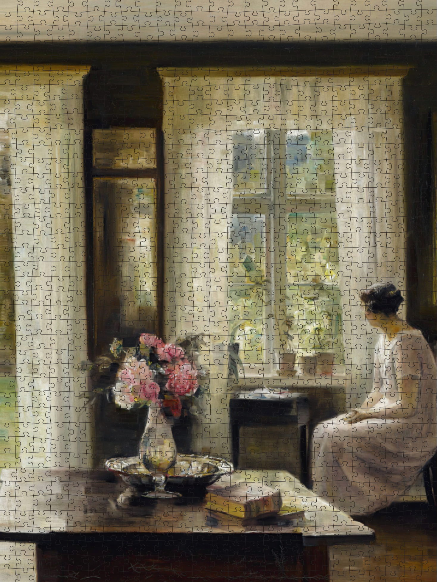 Art puzzle of a woman in white sitting by a sunlit window, with flowers in a vase on a table.