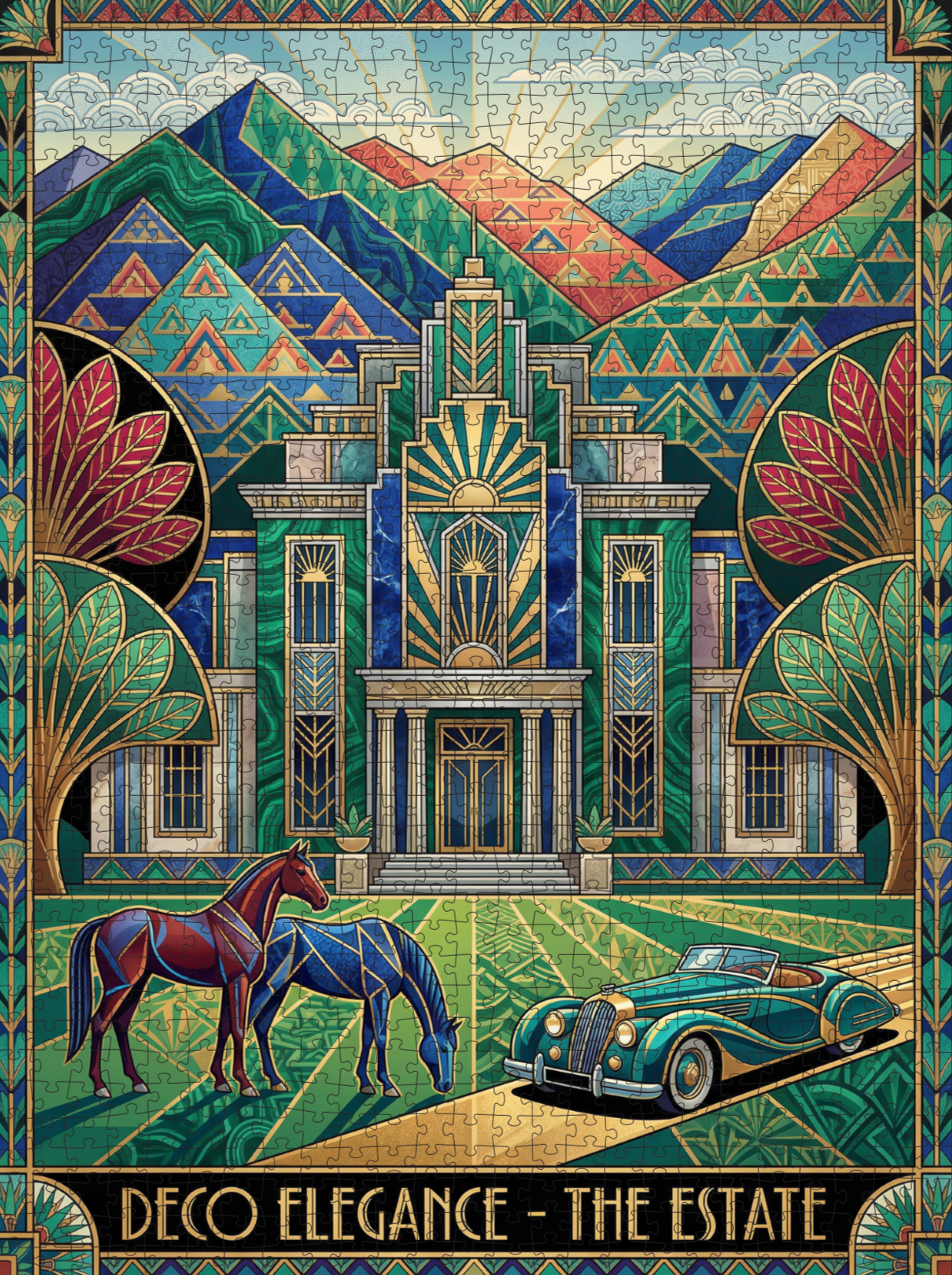 Art Deco estate puzzle with vintage car, geometric horses, and colorful mountain backdrop