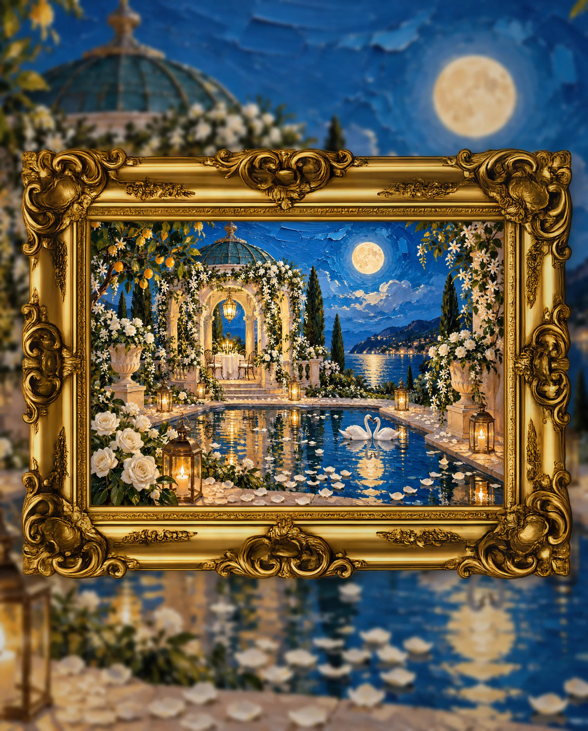 Under the Moon, Still Us, an original DAILE Studio artwork in an ornate gold frame, fine art jigsaw puzzle