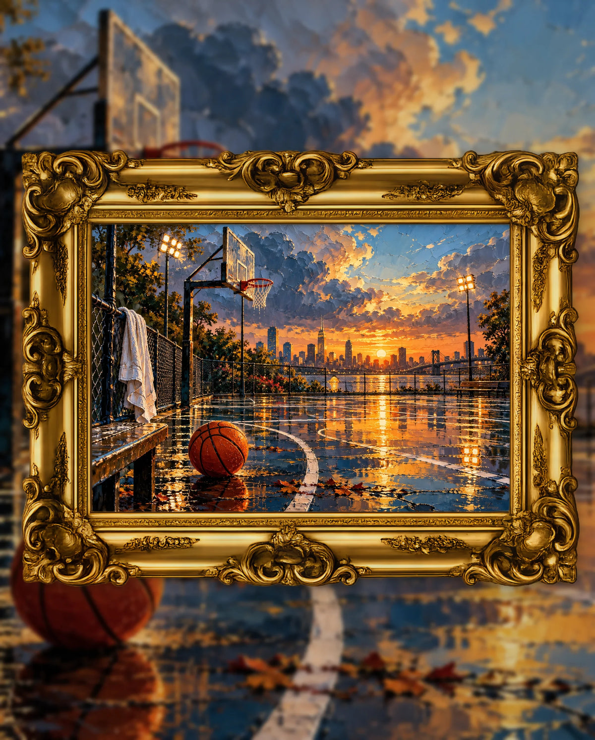 After Rain, Before Tip-Off, an original DAILE Studio artwork in an ornate gold frame, fine art jigsaw puzzle