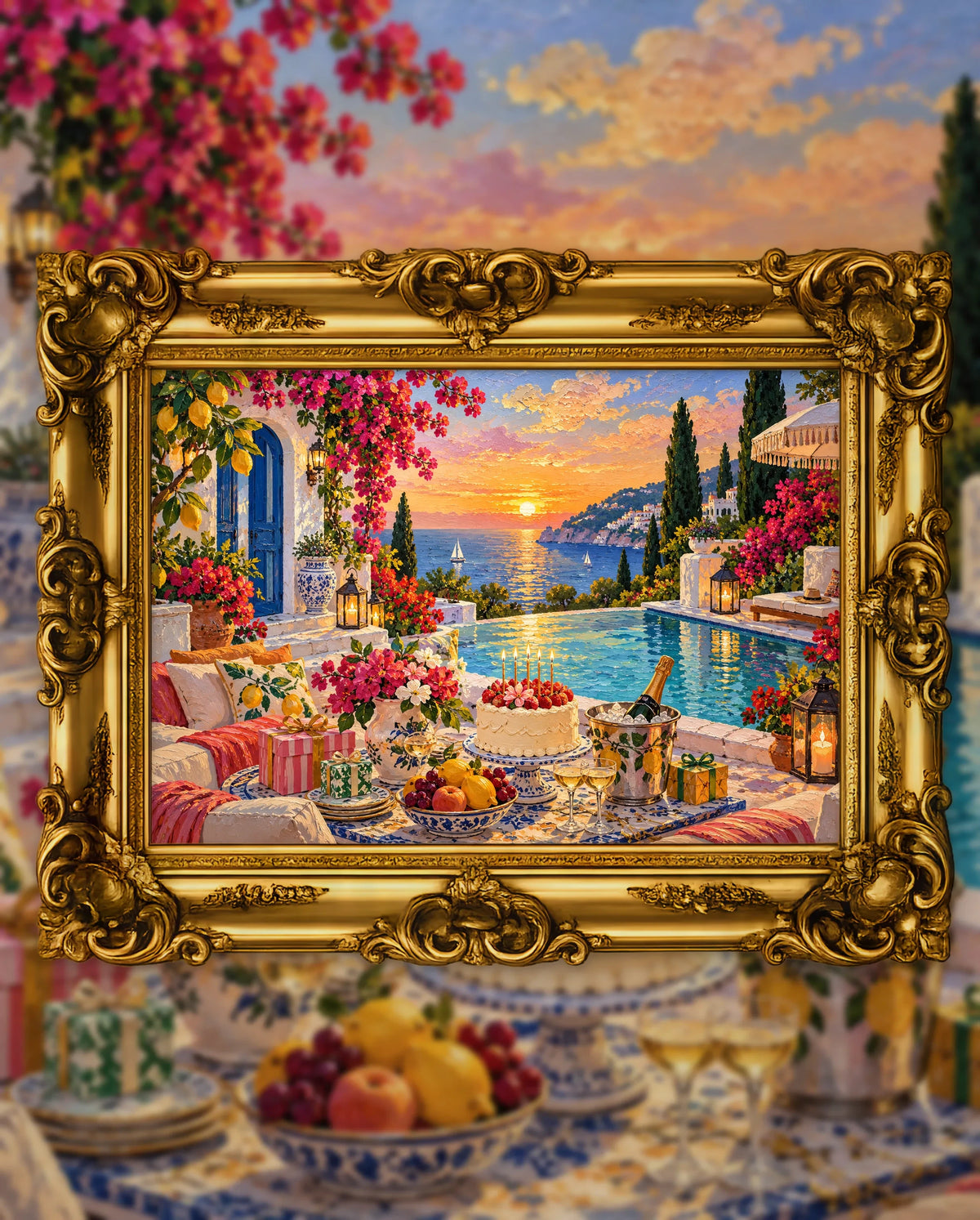 Another Year, Another Sunset, an original DAILE Studio artwork in an ornate gold frame, fine art jigsaw puzzle
