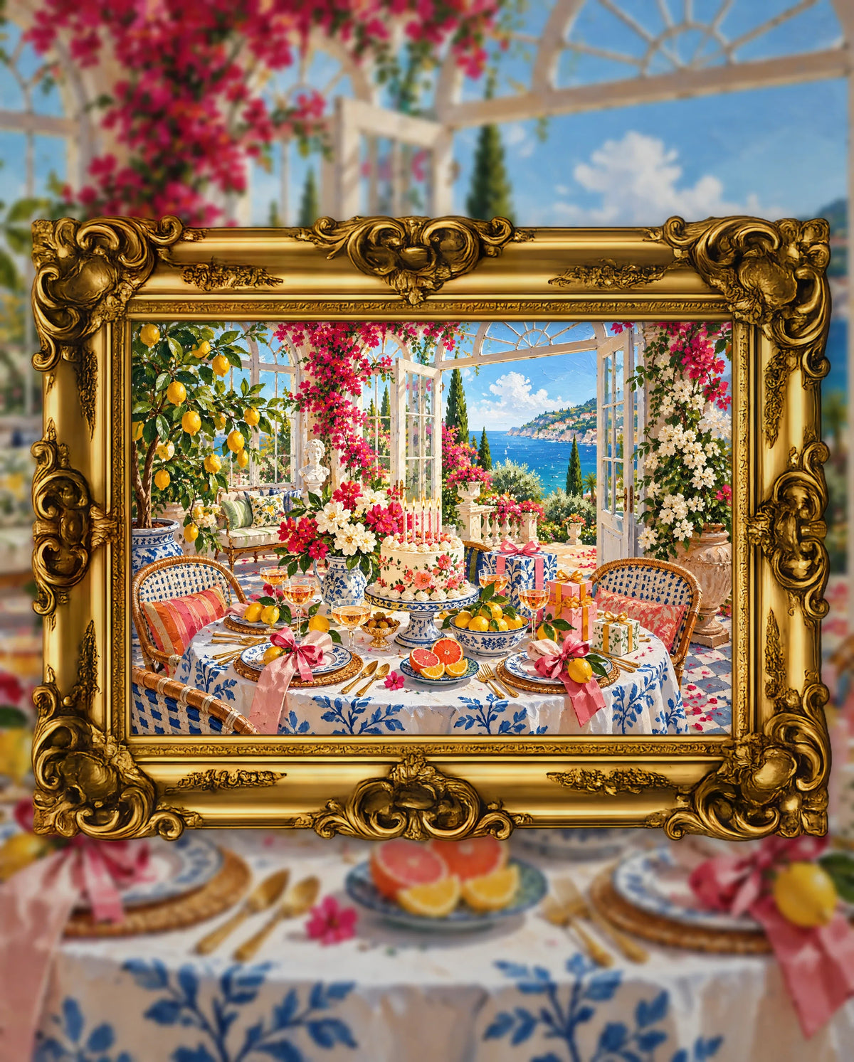 A Birthday in Full Bloom, an original DAILE Studio artwork in an ornate gold frame, fine art jigsaw puzzle
