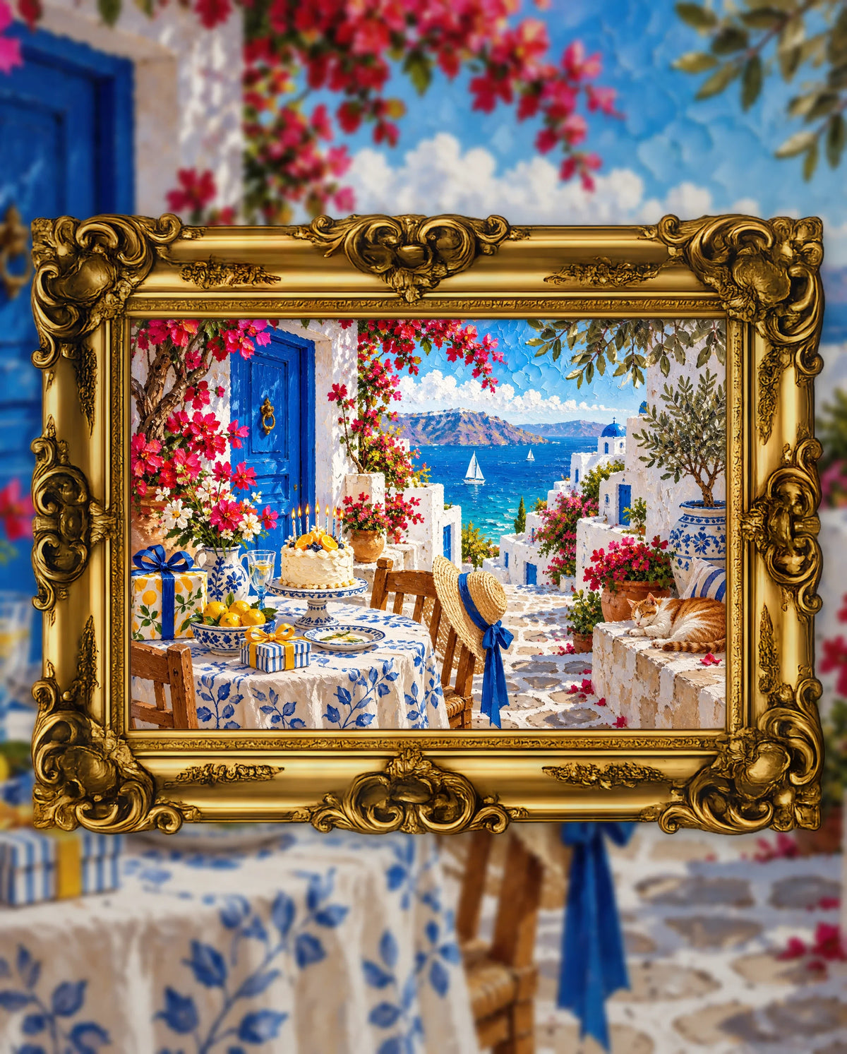 Blue Door, Birthday Morning, an original DAILE Studio artwork in an ornate gold frame, fine art jigsaw puzzle