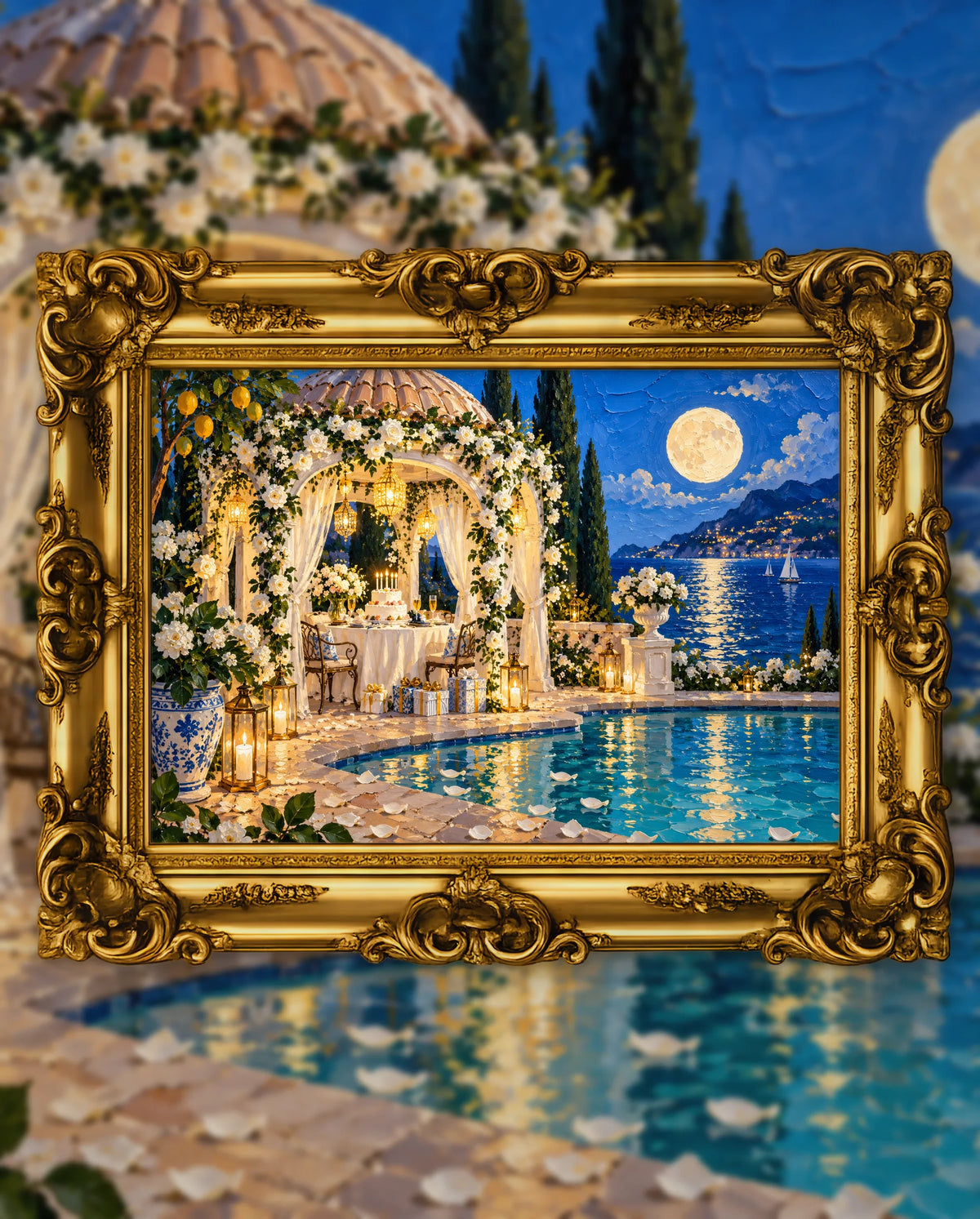 The Moon Kept the Candles Lit, an original DAILE Studio artwork in an ornate gold frame, fine art jigsaw puzzle