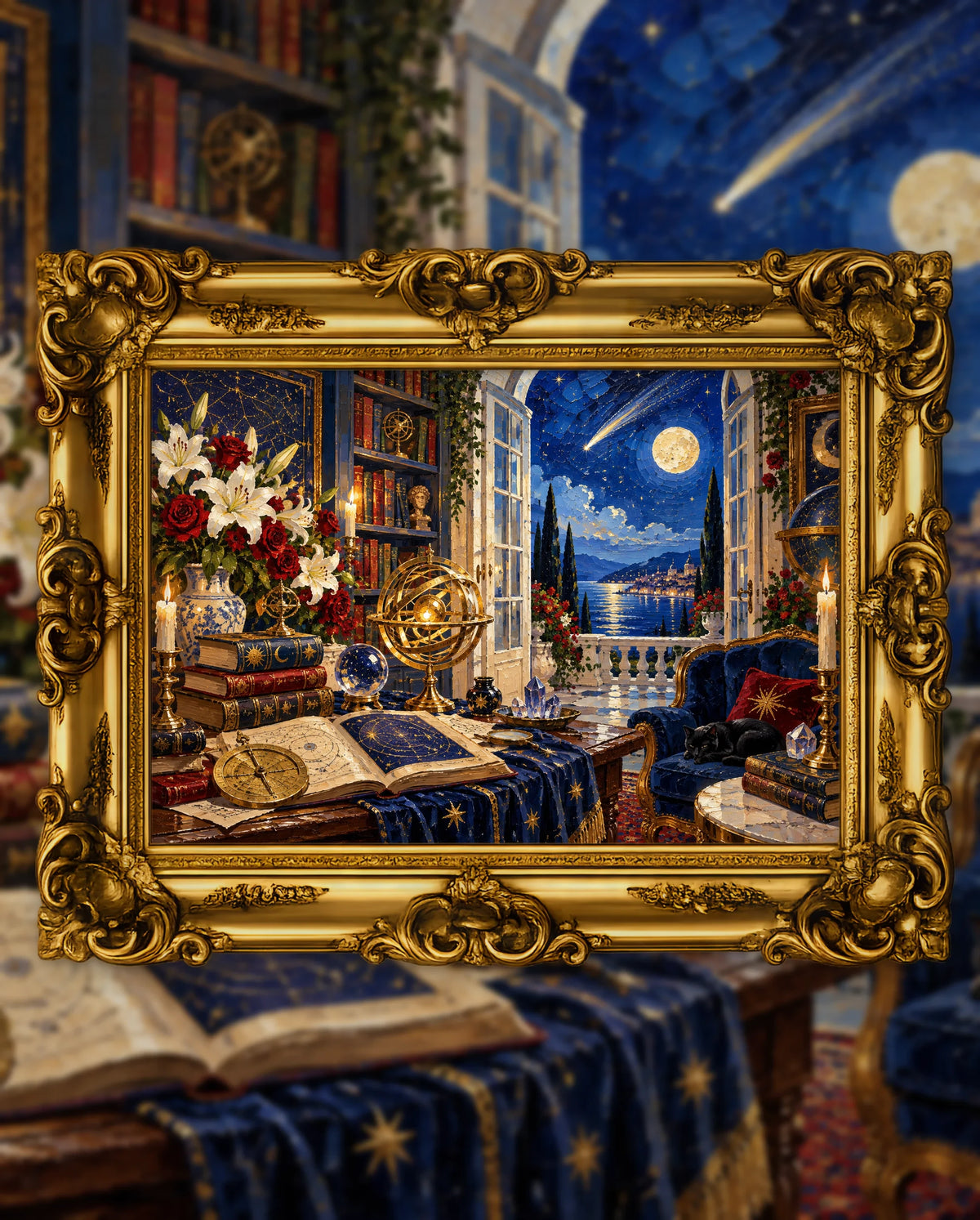 The Astronomer's Library After Dark, an original DAILE Studio artwork in an ornate gold frame, fine art jigsaw puzzle
