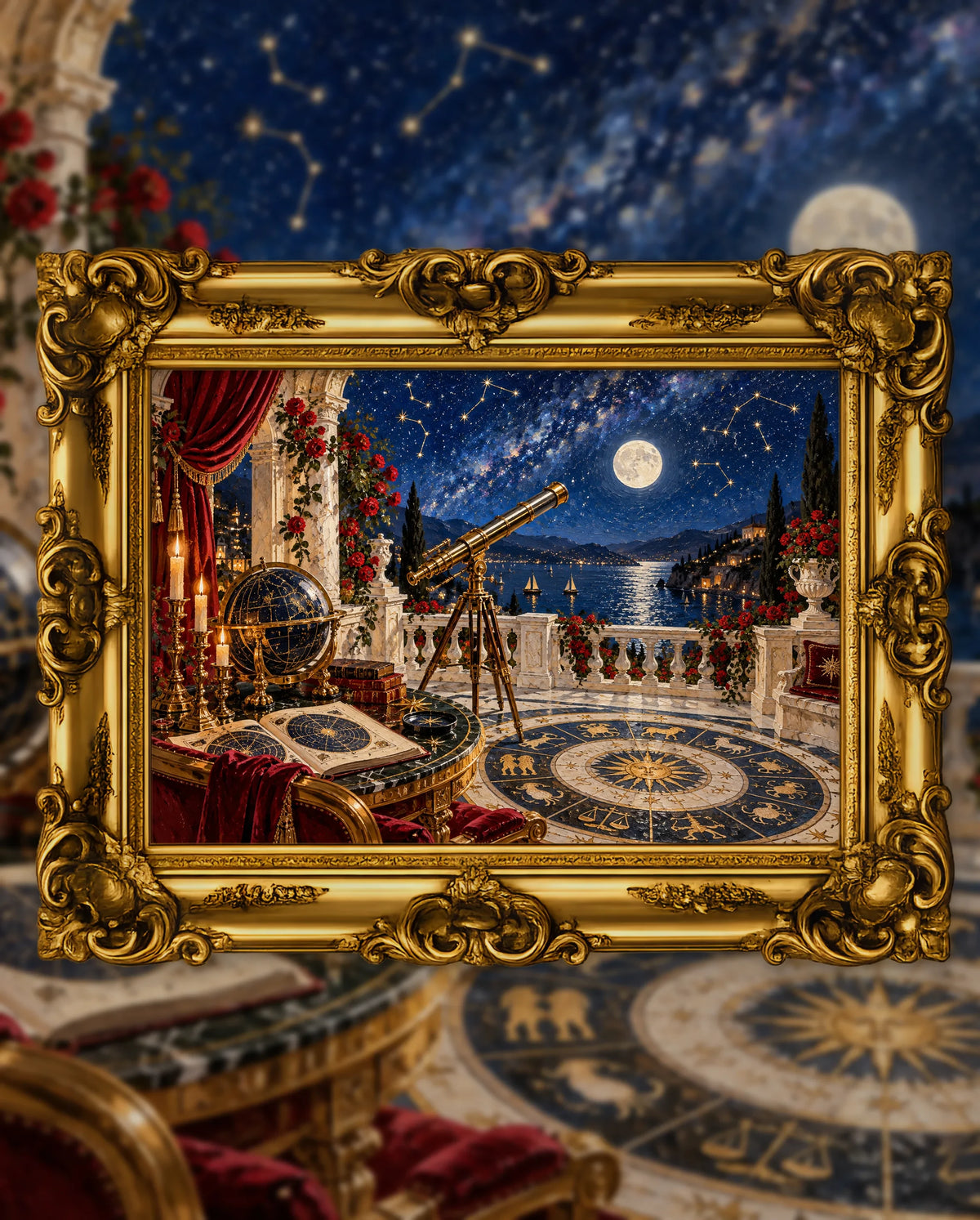 Constellations Over the Midnight Coast, an original DAILE Studio artwork in an ornate gold frame, fine art jigsaw puzzle