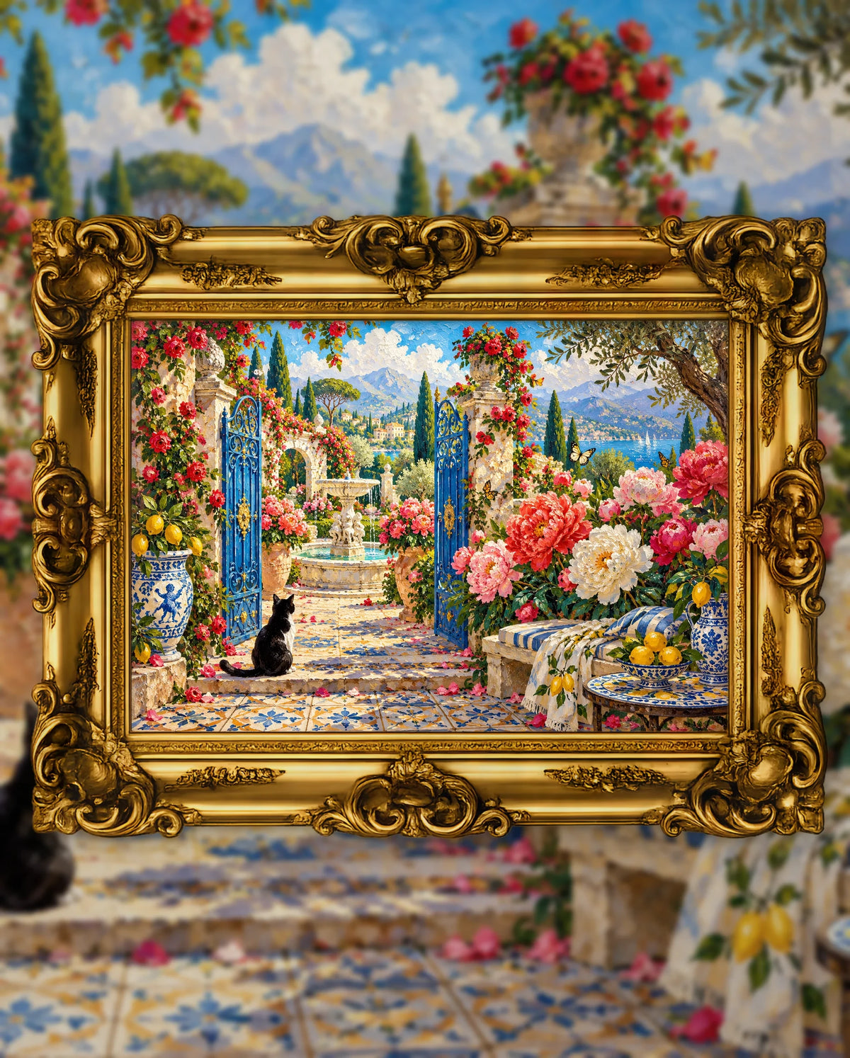 The Blue Gates of the Peony Garden, an original DAILE Studio artwork in an ornate gold frame, fine art jigsaw puzzle