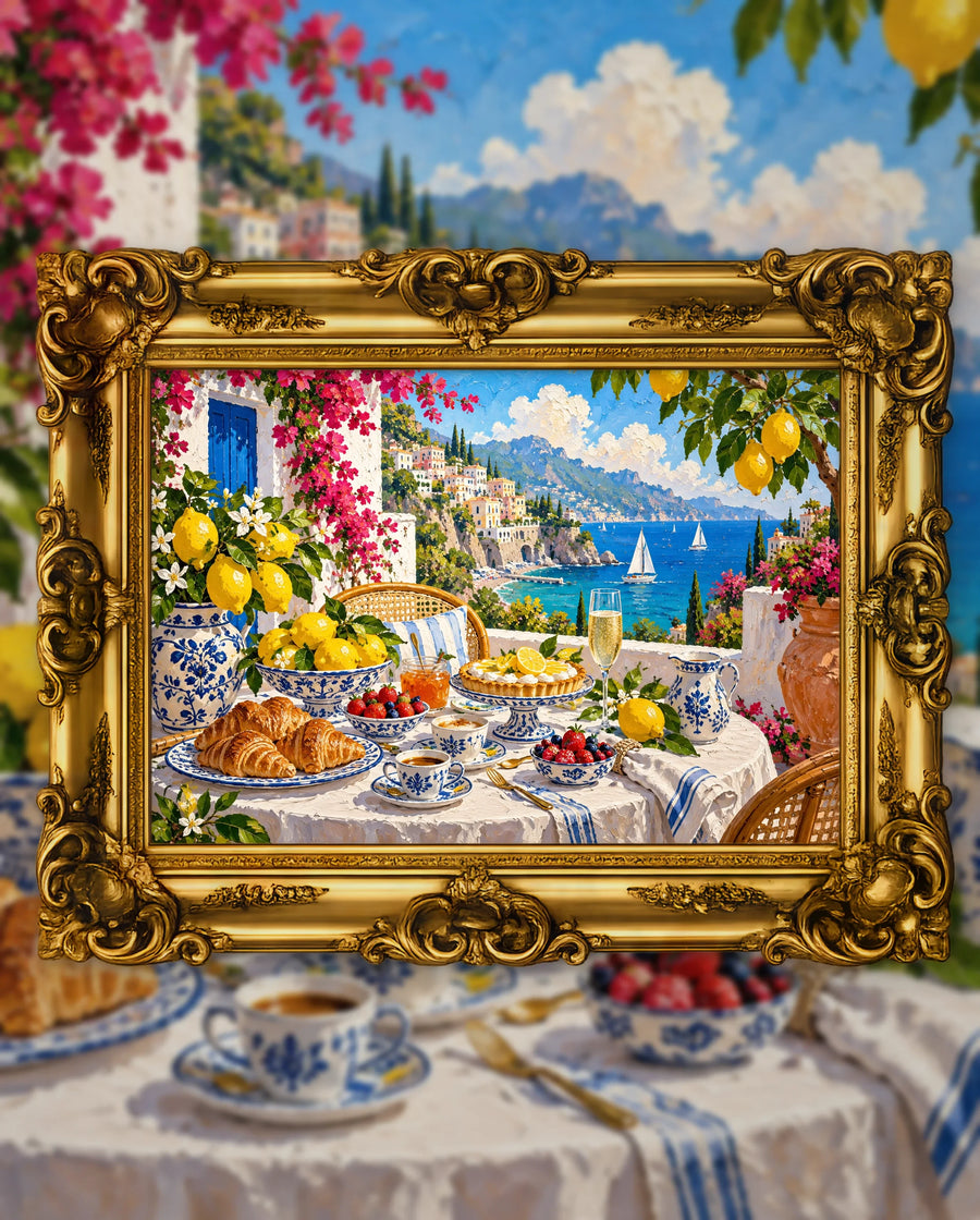 Breakfast Where the Lemons Grow, an original DAILE Studio artwork in an ornate gold frame, fine art jigsaw puzzle