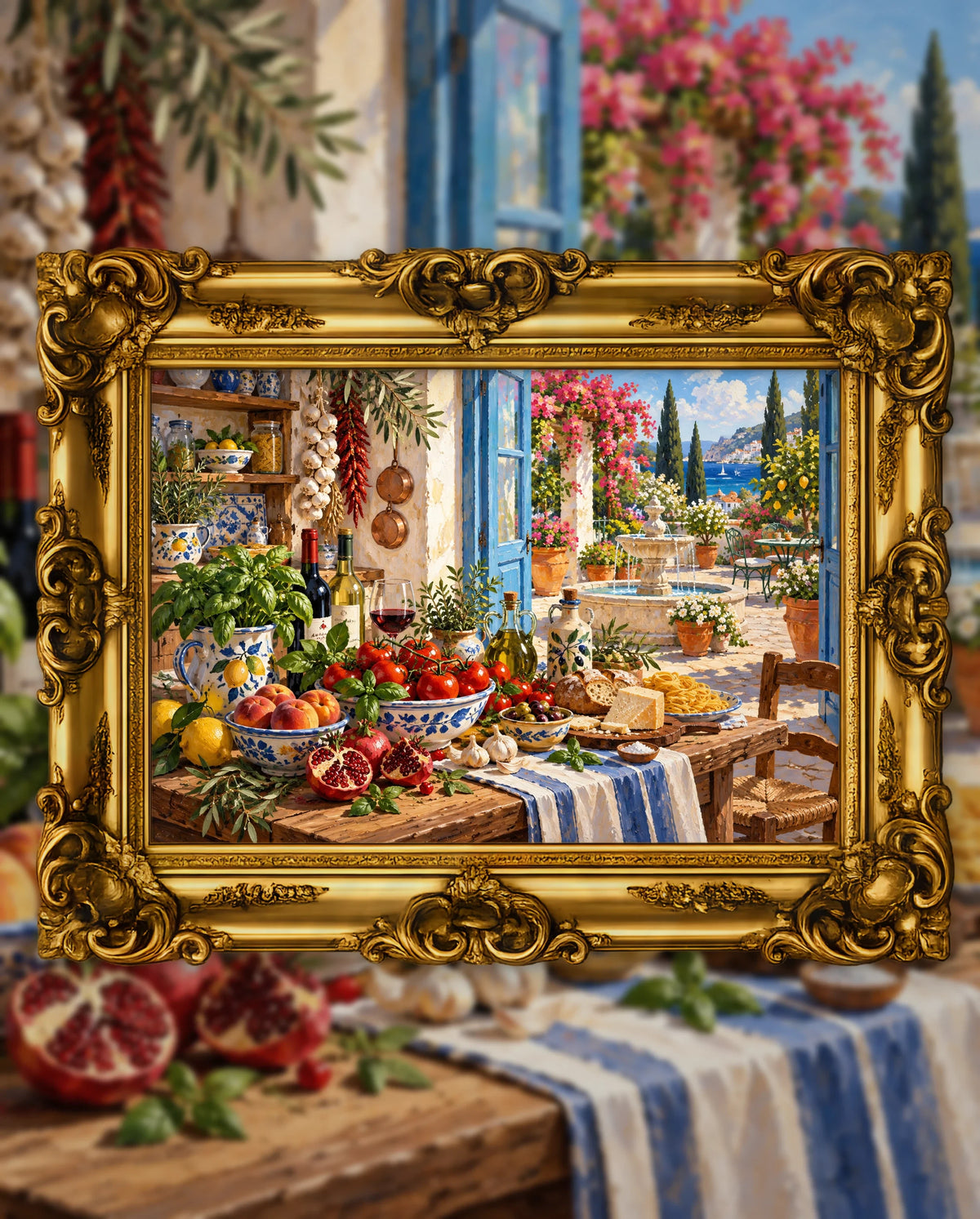 The Pantry Opens to the Sea, an original DAILE Studio artwork in an ornate gold frame, fine art jigsaw puzzle