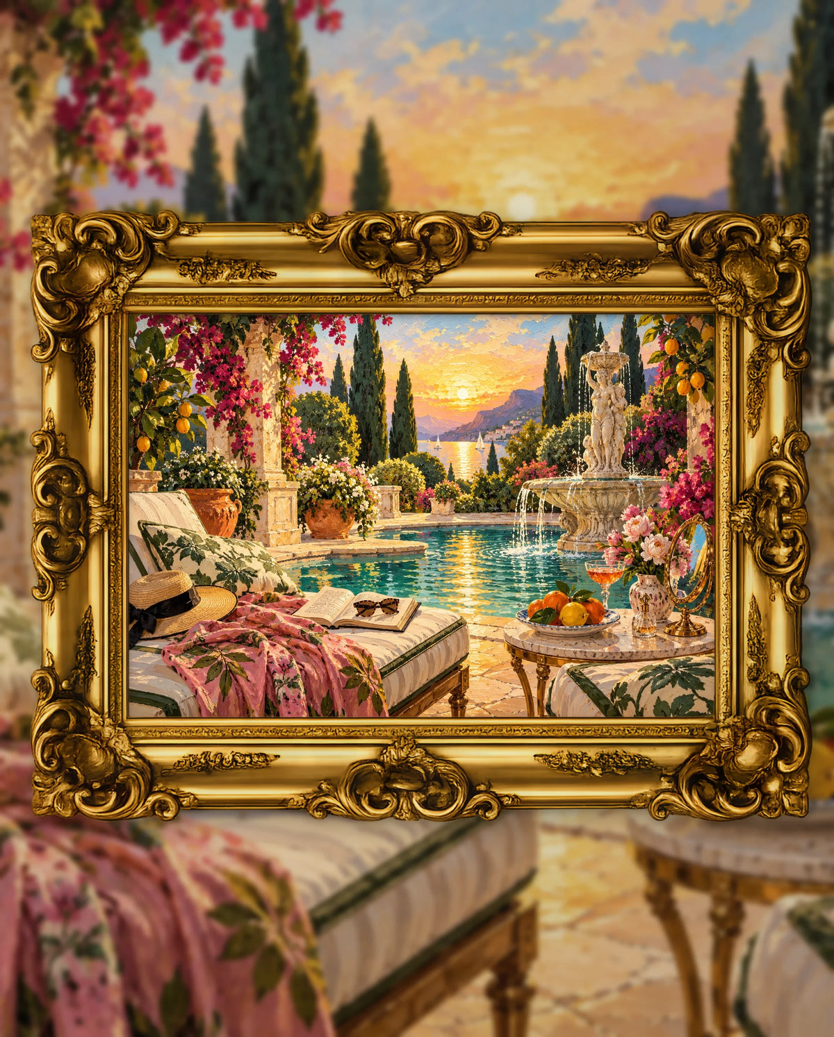 The Golden Hour She Kept, an original DAILE Studio artwork in an ornate gold frame, fine art jigsaw puzzle