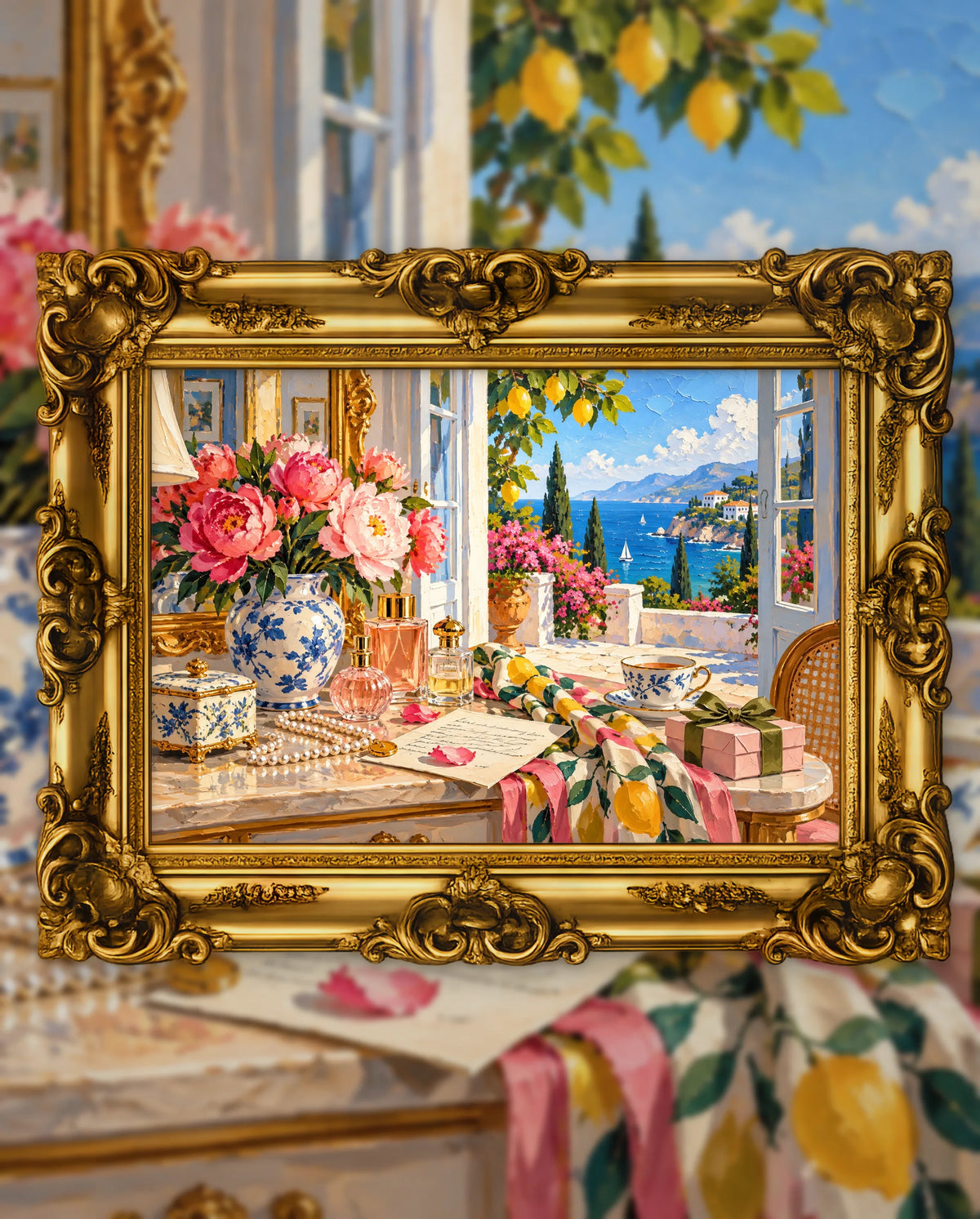 Peonies and Perfume by the Sea, an original DAILE Studio artwork in an ornate gold frame, fine art jigsaw puzzle