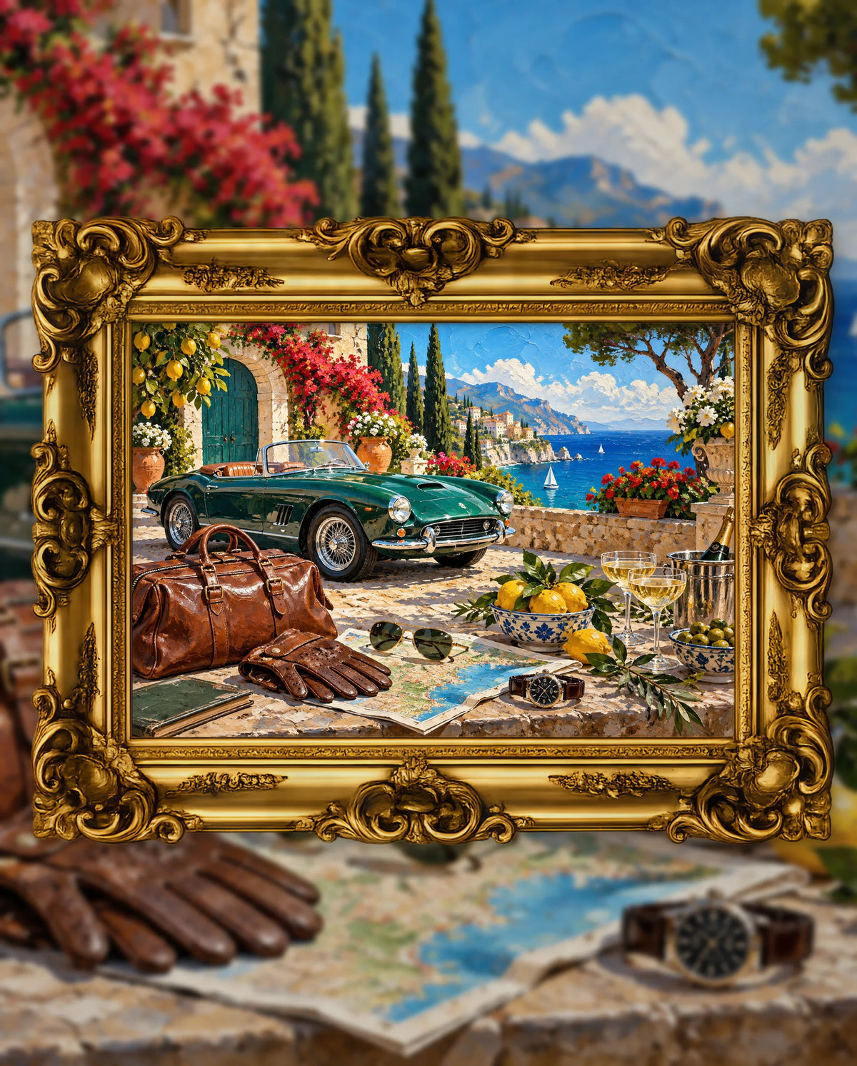 The Long Way to the Riviera, an original DAILE Studio artwork in an ornate gold frame, fine art jigsaw puzzle