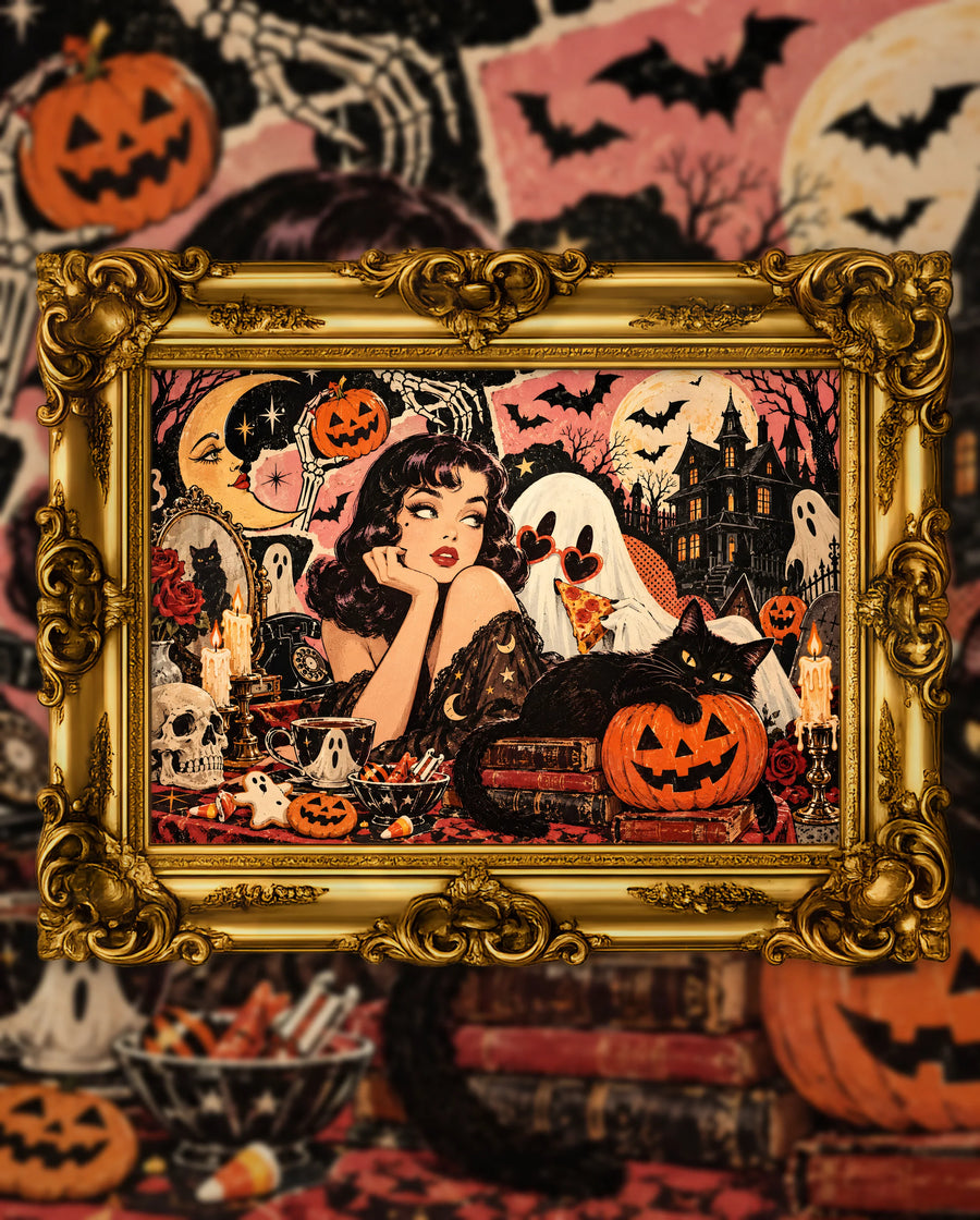 A Date with the Afterlife, an original DAILE Studio Halloween artwork in an ornate gold frame — retro Halloween illustration of a dark-haired girl, a ghost in heart-shaped sunglasses holding pizza, a black cat on a jack-o'-lantern and a haunted house.