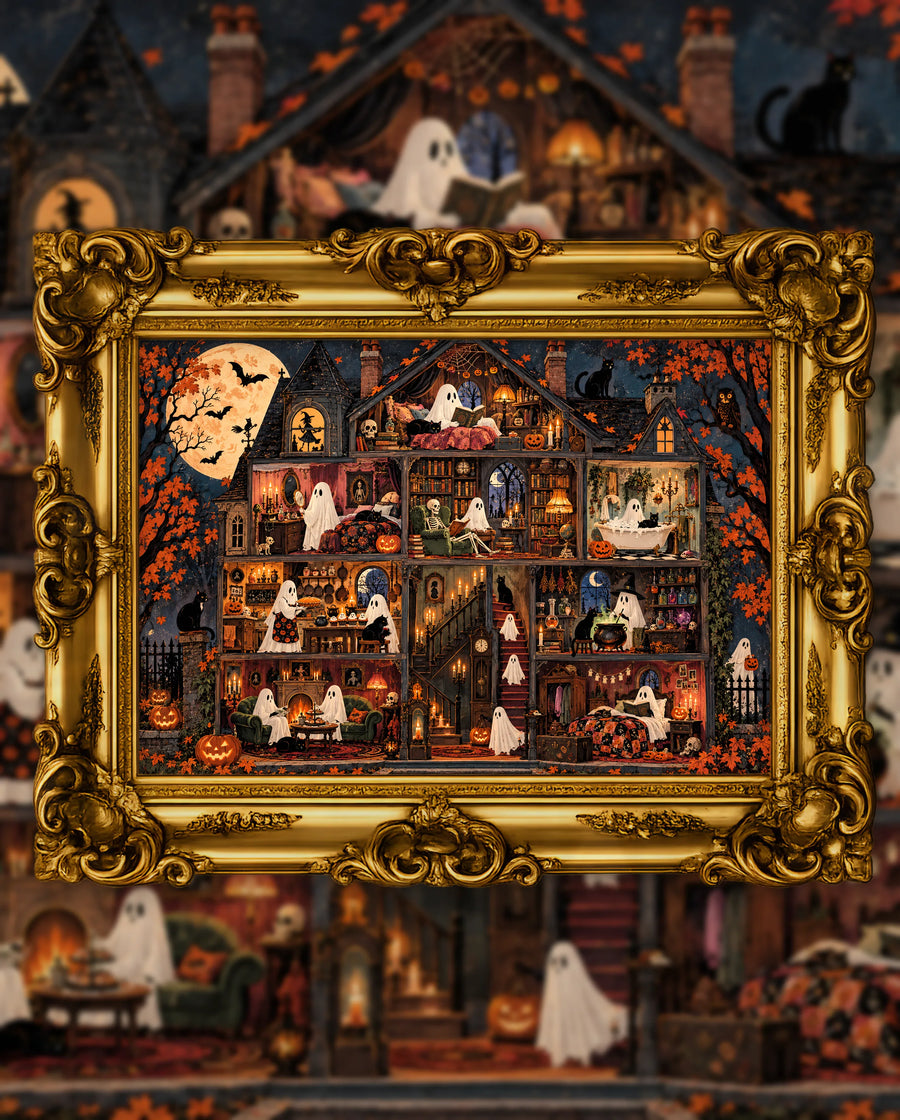 The House of Little Hauntings, an original DAILE Studio Halloween artwork in an ornate gold frame — a cutaway haunted house with ghosts in every room reading, baking, bathing and brewing, black cats, a skeleton, autumn trees and a full moon outside.
