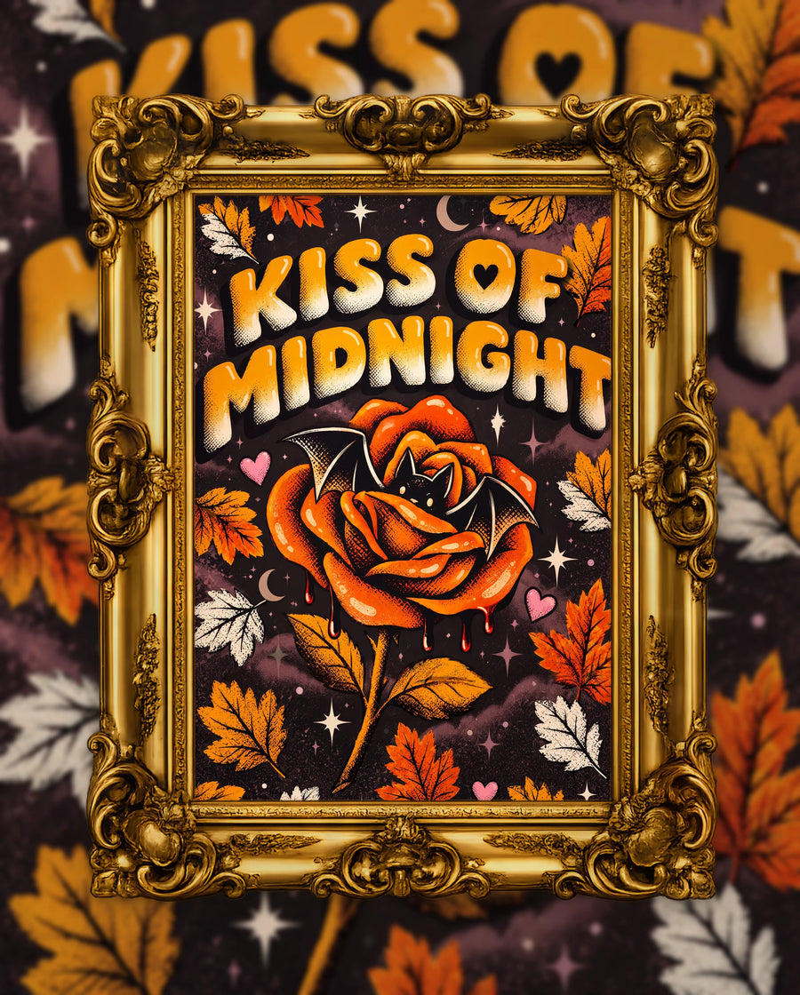 Kiss of Midnight, an original DAILE Studio Halloween artwork in an ornate gold frame — retro poster of an orange rose with a small black bat hidden in its petals on a dark sky, bubble lettering reading Kiss of Midnight.