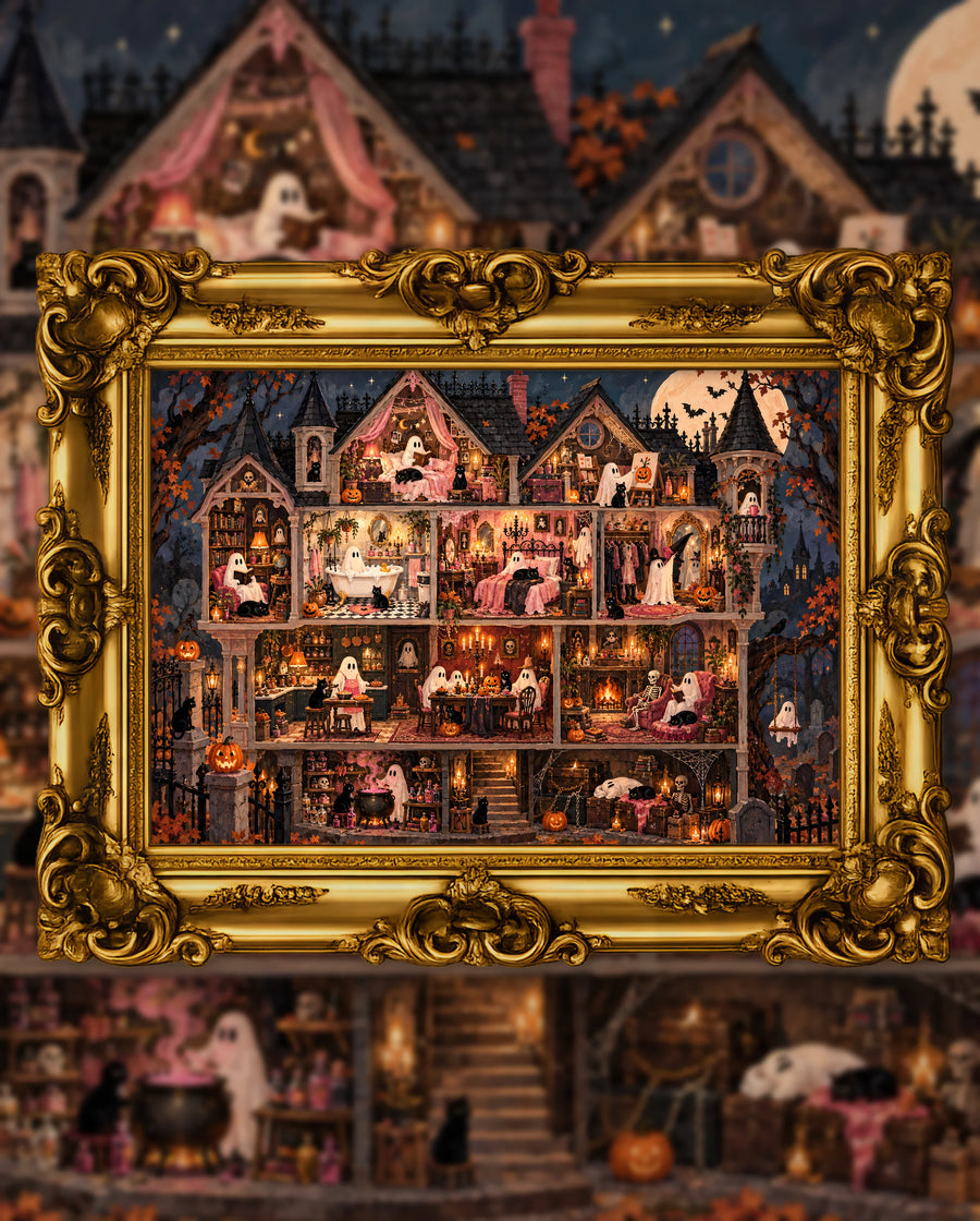 The Pink Haunted House, an original DAILE Studio Halloween artwork in an ornate gold frame — a cut-away Victorian haunted house at night, with ghosts and black cats in candlelit rooms from the attic to a cellar cauldron.