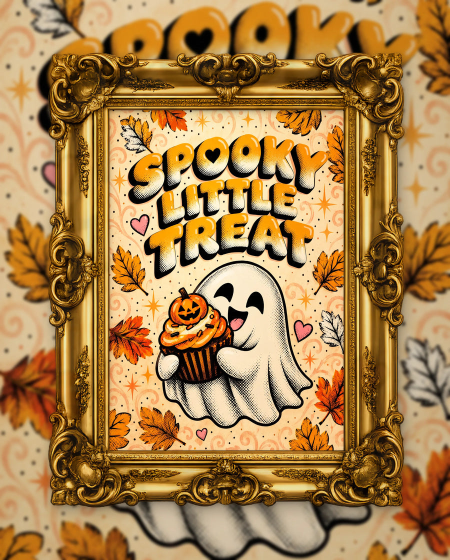 Spooky Little Treat, an original DAILE Studio Halloween artwork in an ornate gold frame — retro poster of a smiling white ghost hugging an orange cupcake with a tiny jack-o'-lantern on cream, under orange bubble lettering reading Spooky Little Treat.
