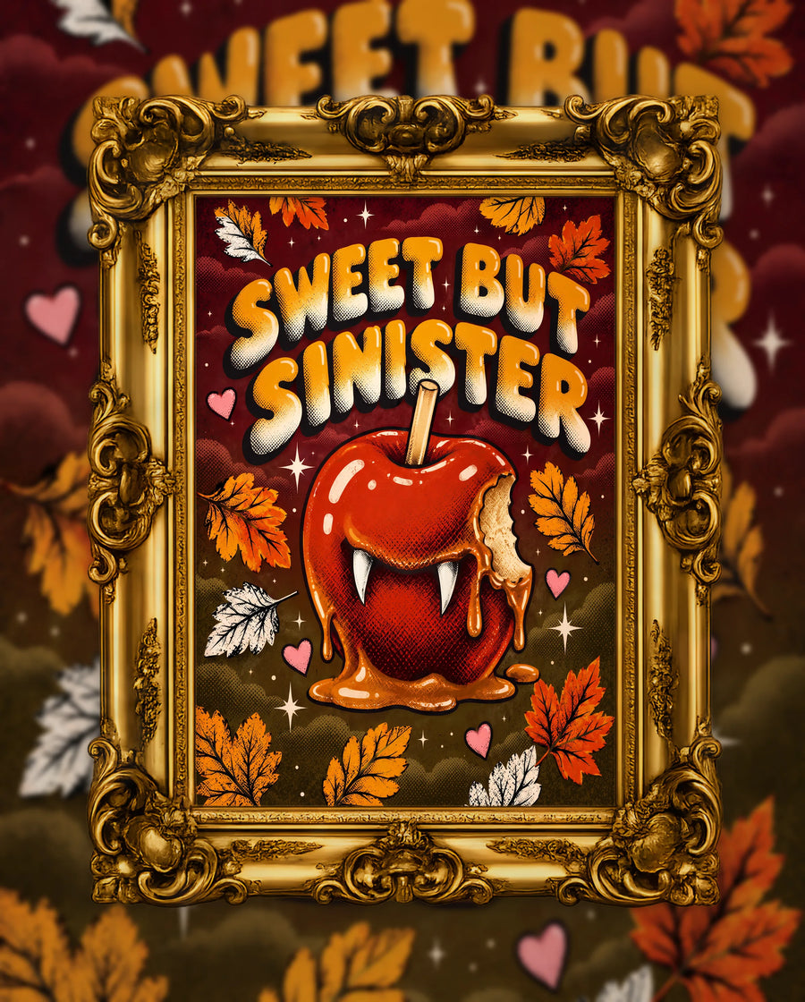 Sweet but Sinister, an original DAILE Studio Halloween artwork in an ornate gold frame — retro poster of a bitten red candy apple with vampire fangs and dripping caramel, under orange bubble lettering reading Sweet but Sinister, autumn leaves around.