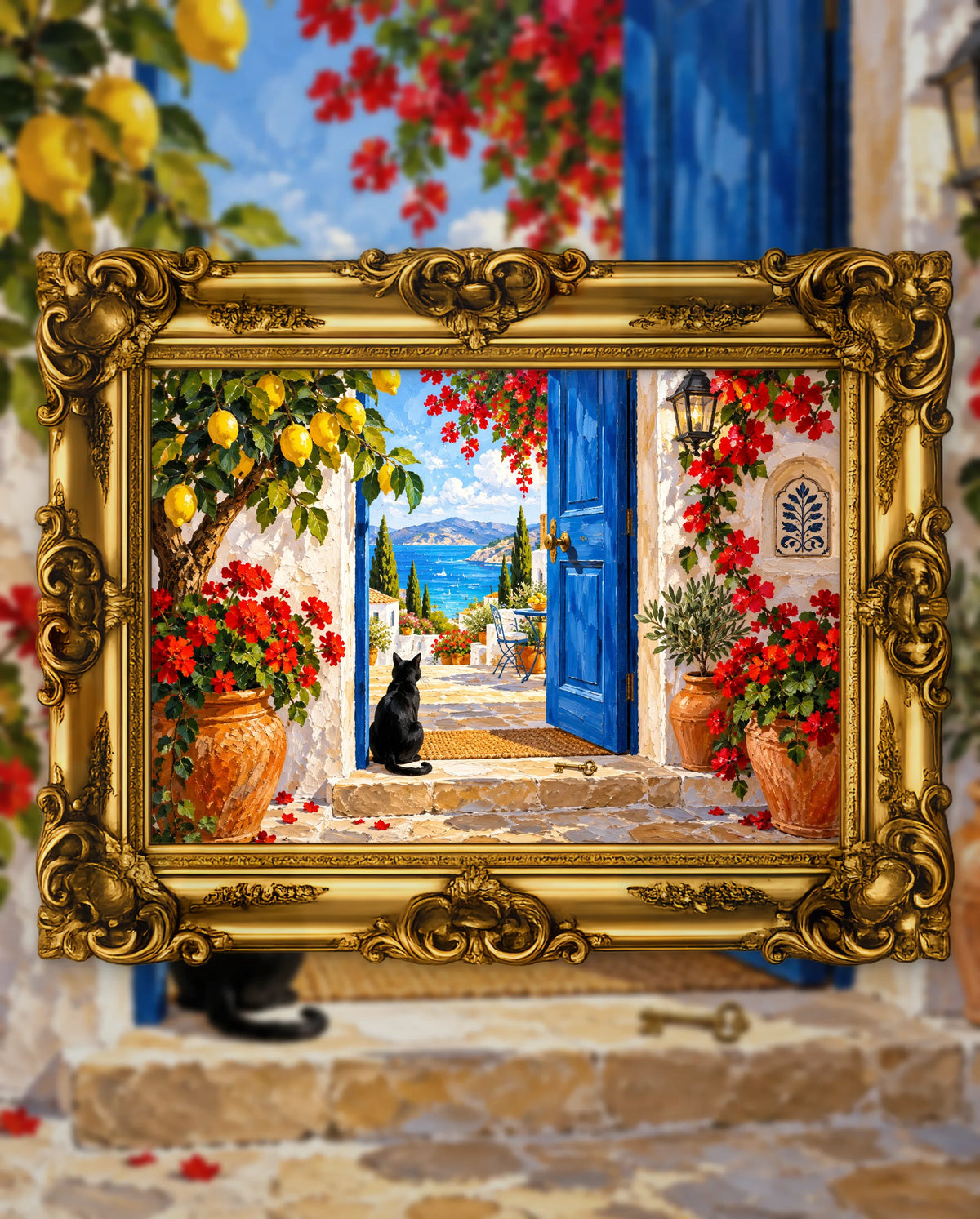 The Blue Door to a New Beginning, an original DAILE Studio artwork in an ornate gold frame, fine art jigsaw puzzle