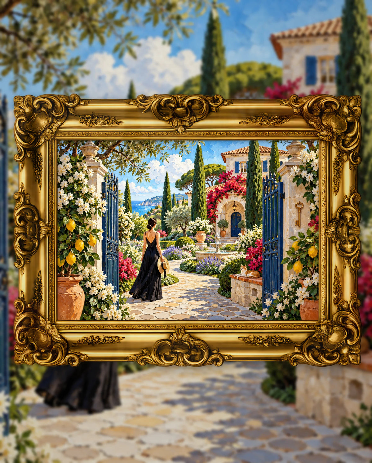 The Garden Key to Home, an original DAILE Studio artwork in an ornate gold frame, fine art jigsaw puzzle
