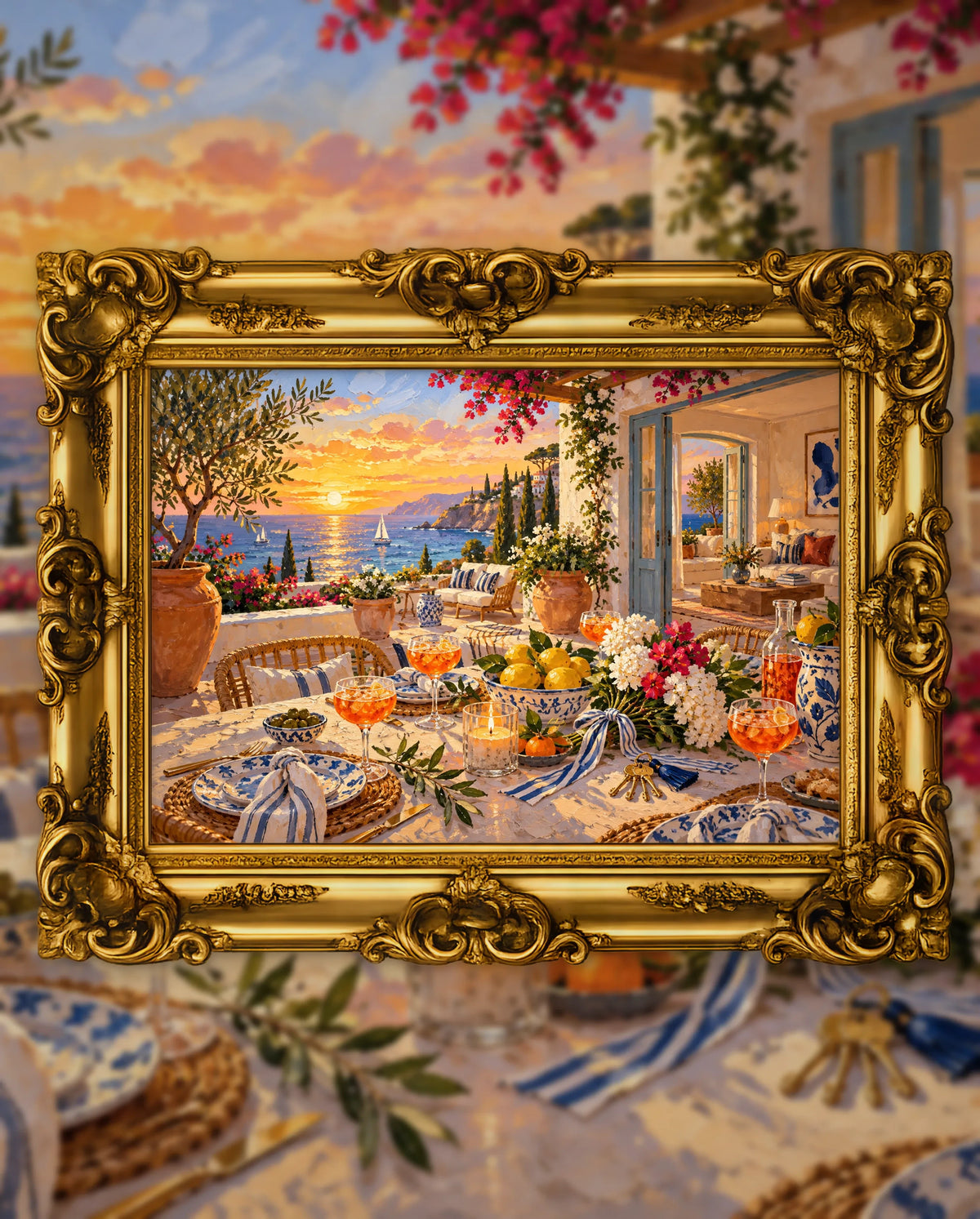 Mediterranean Housewarming at Sunset, an original DAILE Studio artwork in an ornate gold frame, fine art jigsaw puzzle