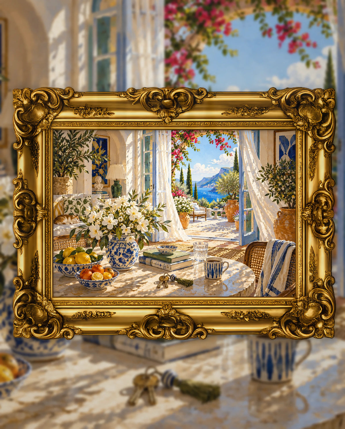 Morning Light in a New Home, an original DAILE Studio artwork in an ornate gold frame, fine art jigsaw puzzle