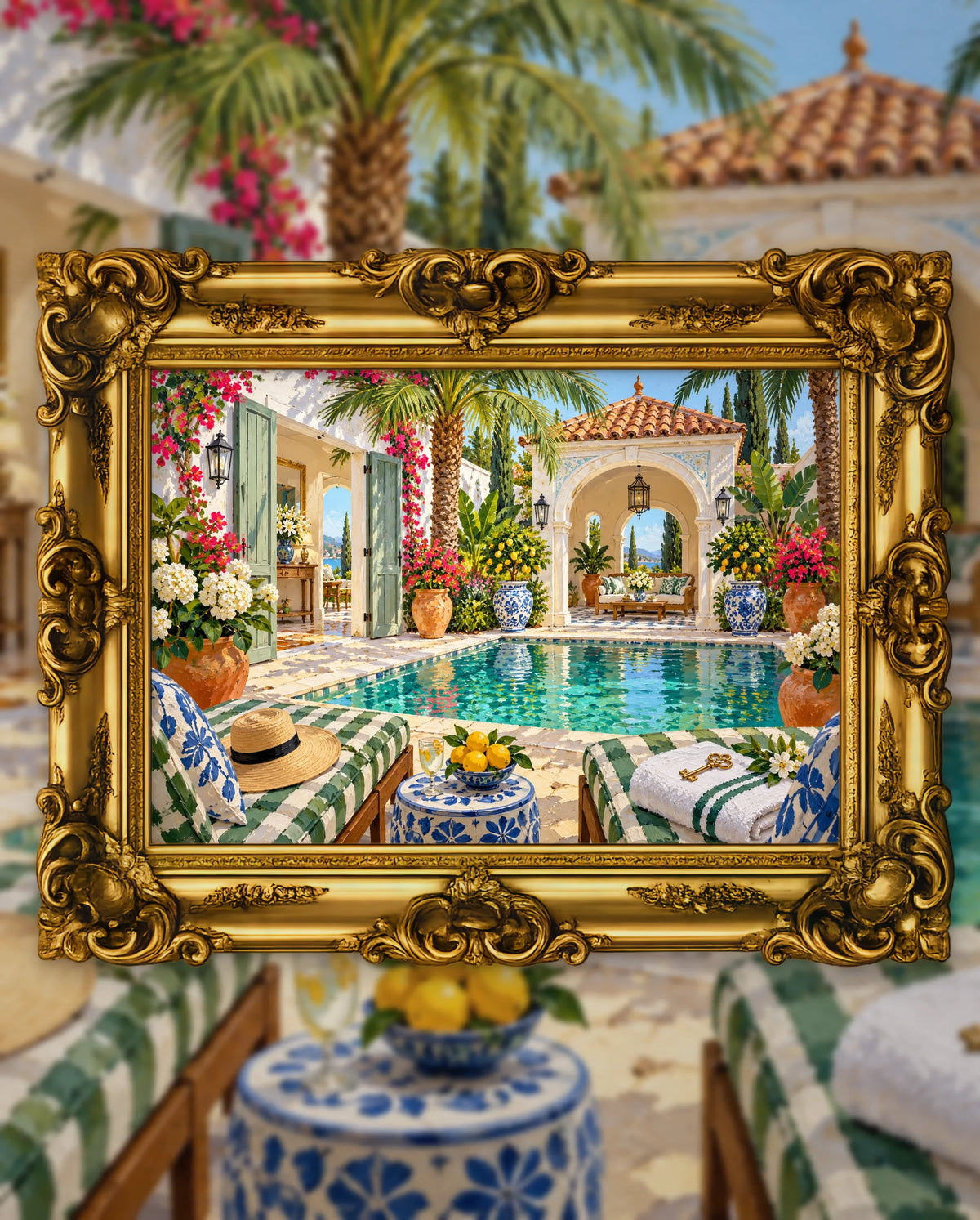 Sunlit Courtyard of New Beginnings, an original DAILE Studio artwork in an ornate gold frame, fine art jigsaw puzzle