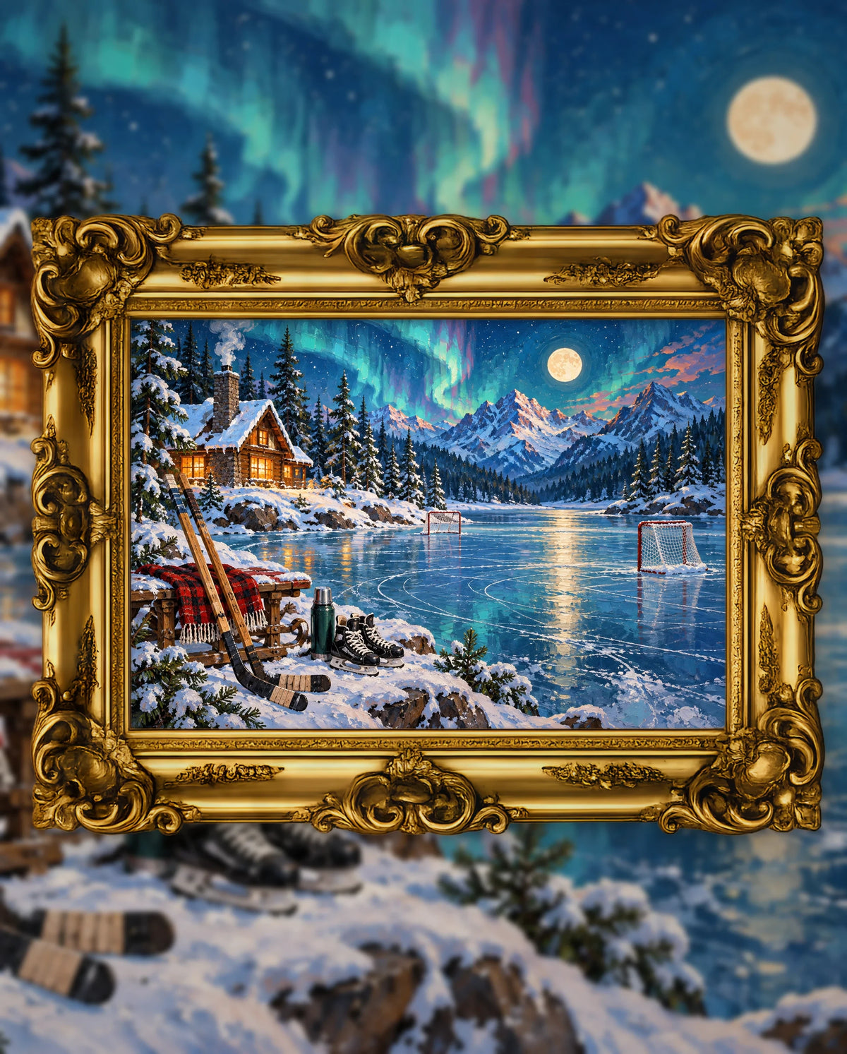 Aurora Over the Frozen Rink, an original DAILE Studio artwork in an ornate gold frame, fine art jigsaw puzzle