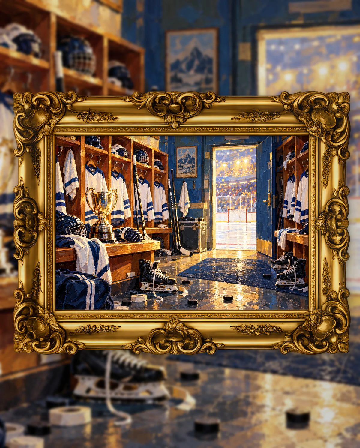 After the Championship Lights, an original DAILE Studio artwork in an ornate gold frame, fine art jigsaw puzzle