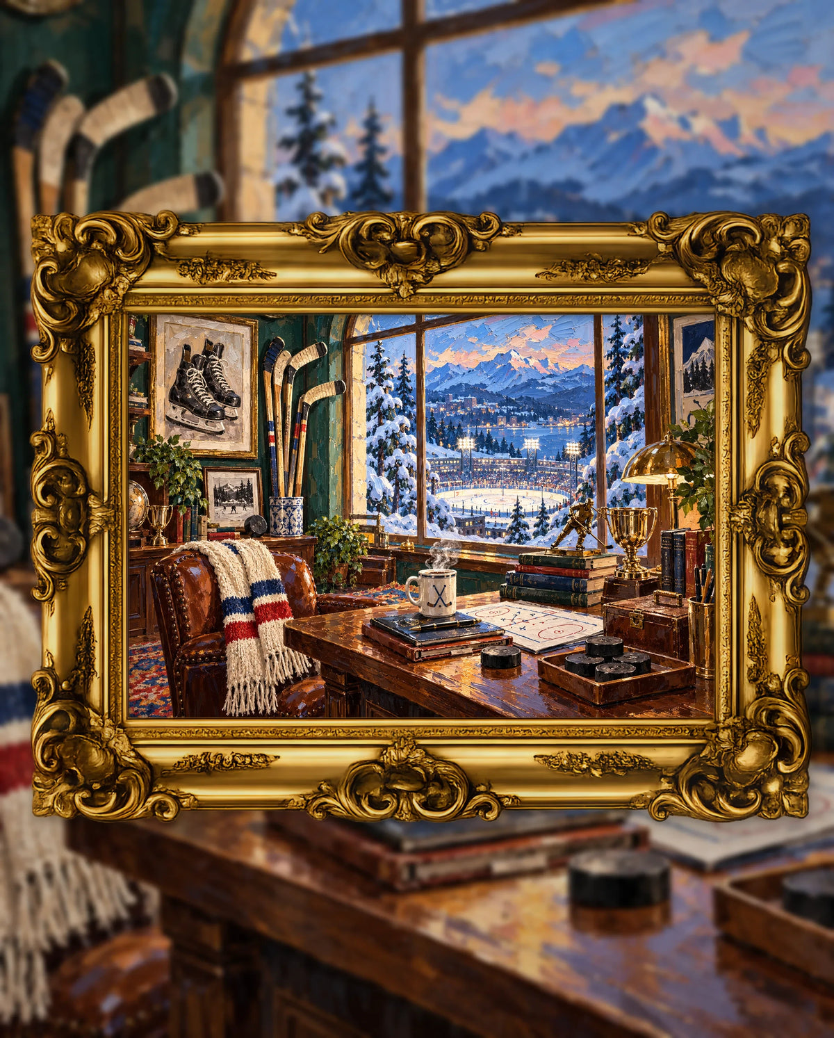 The Collector's Winter Study, an original DAILE Studio artwork in an ornate gold frame, fine art jigsaw puzzle