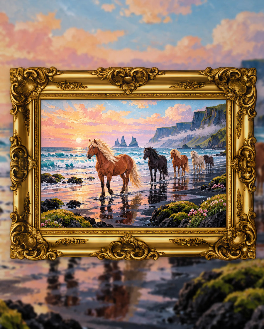 The Herd at Pink Icelandic Dawn, an original DAILE Studio artwork in an ornate gold frame, fine art jigsaw puzzle