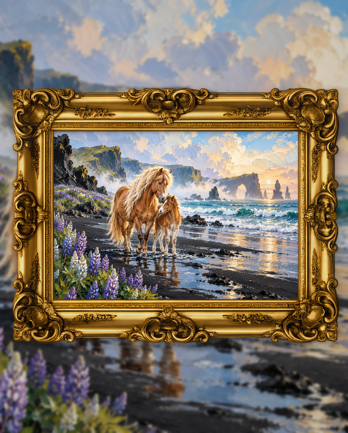 Mother and Foal by the Ocean Wind, an original DAILE Studio artwork in an ornate gold frame, fine art jigsaw puzzle