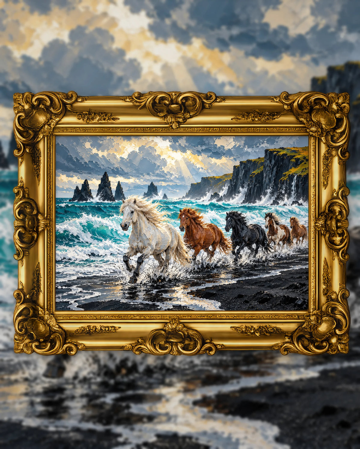 Storm Light on the Black Shore, an original DAILE Studio artwork in an ornate gold frame, fine art jigsaw puzzle