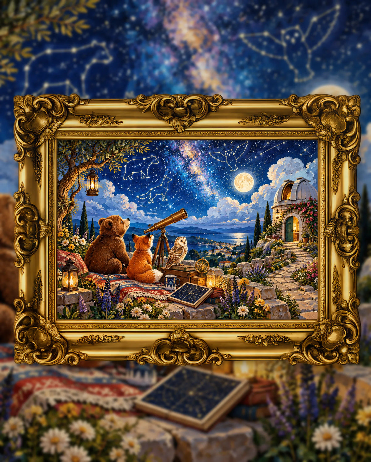 The Night Sky Animal Club, an original DAILE Studio artwork in an ornate gold frame, fine art jigsaw puzzle
