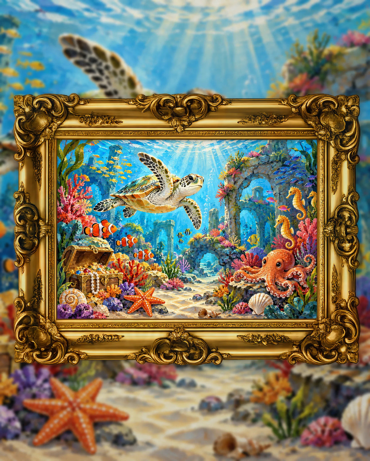 Treasure Below the Coral City, an original DAILE Studio artwork in an ornate gold frame, fine art jigsaw puzzle