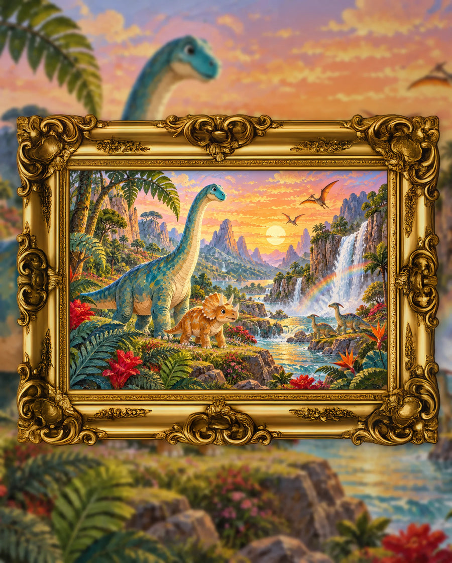 The Valley Where Dinosaurs Still Roam, an original DAILE Studio artwork in an ornate gold frame, fine art jigsaw puzzle