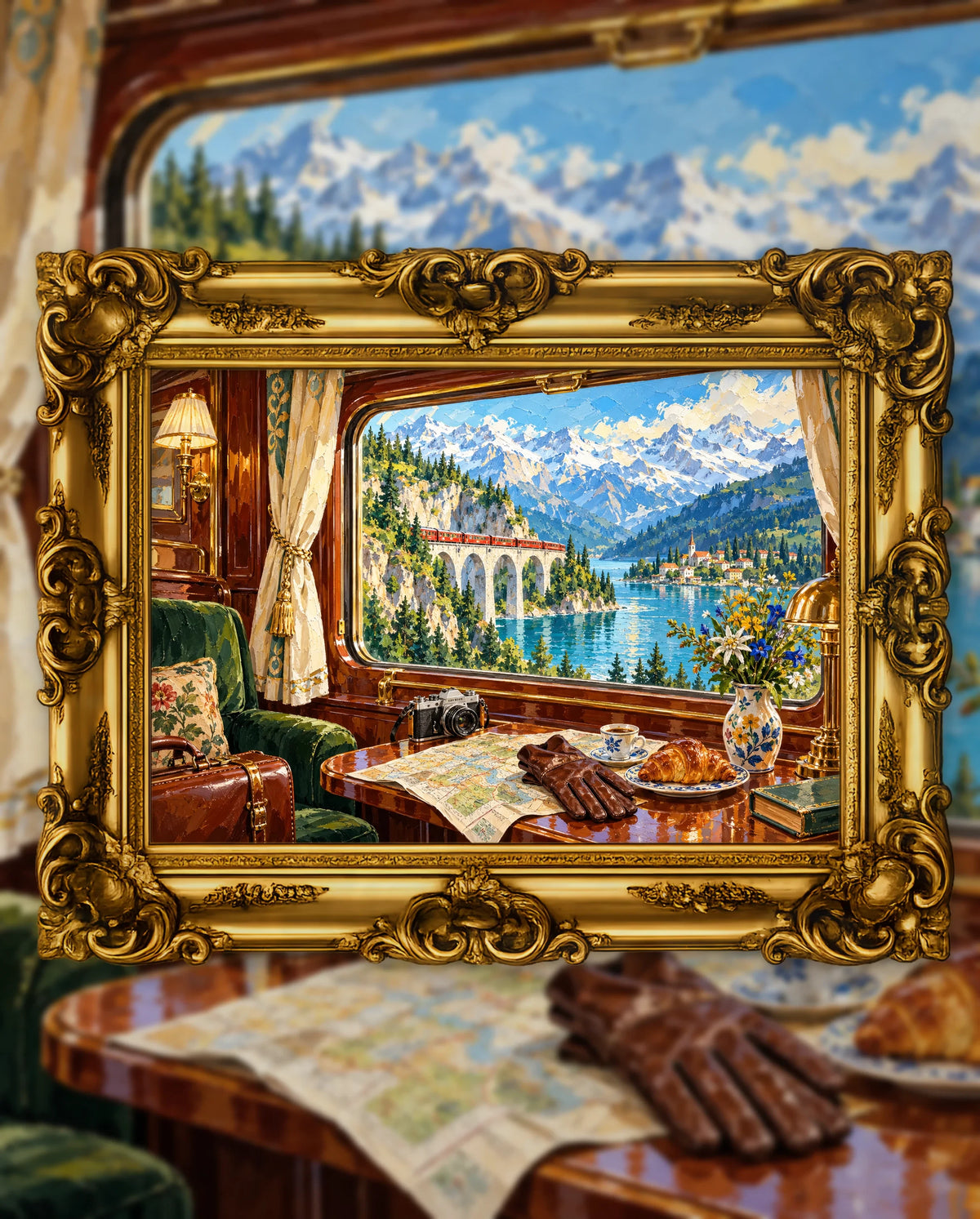 The Red Train Through the Peaks, an original DAILE Studio artwork in an ornate gold frame, fine art jigsaw puzzle