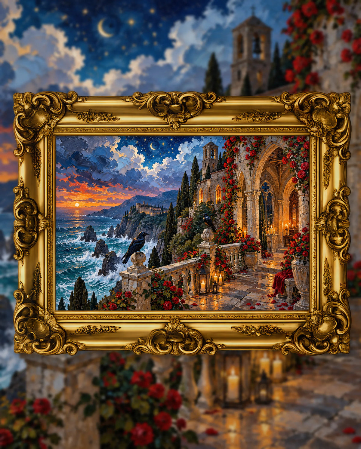 The Abbey Where the Ravens Wait, an original DAILE Studio artwork in an ornate gold frame, fine art jigsaw puzzle